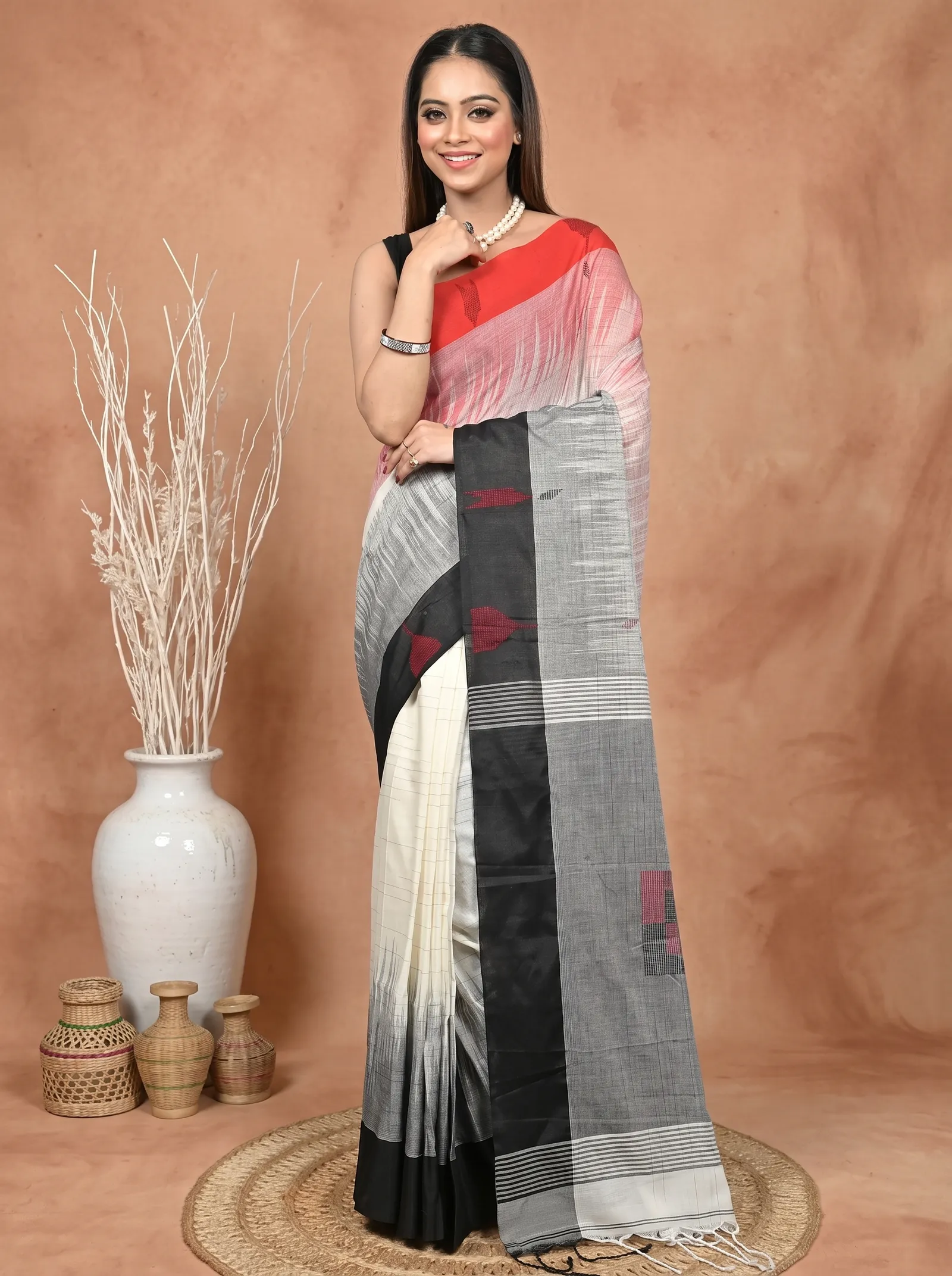 DipDiya Pure Cotton  Traditional Bengali Black Red Artisan Crafted Soumon Kotki Saree