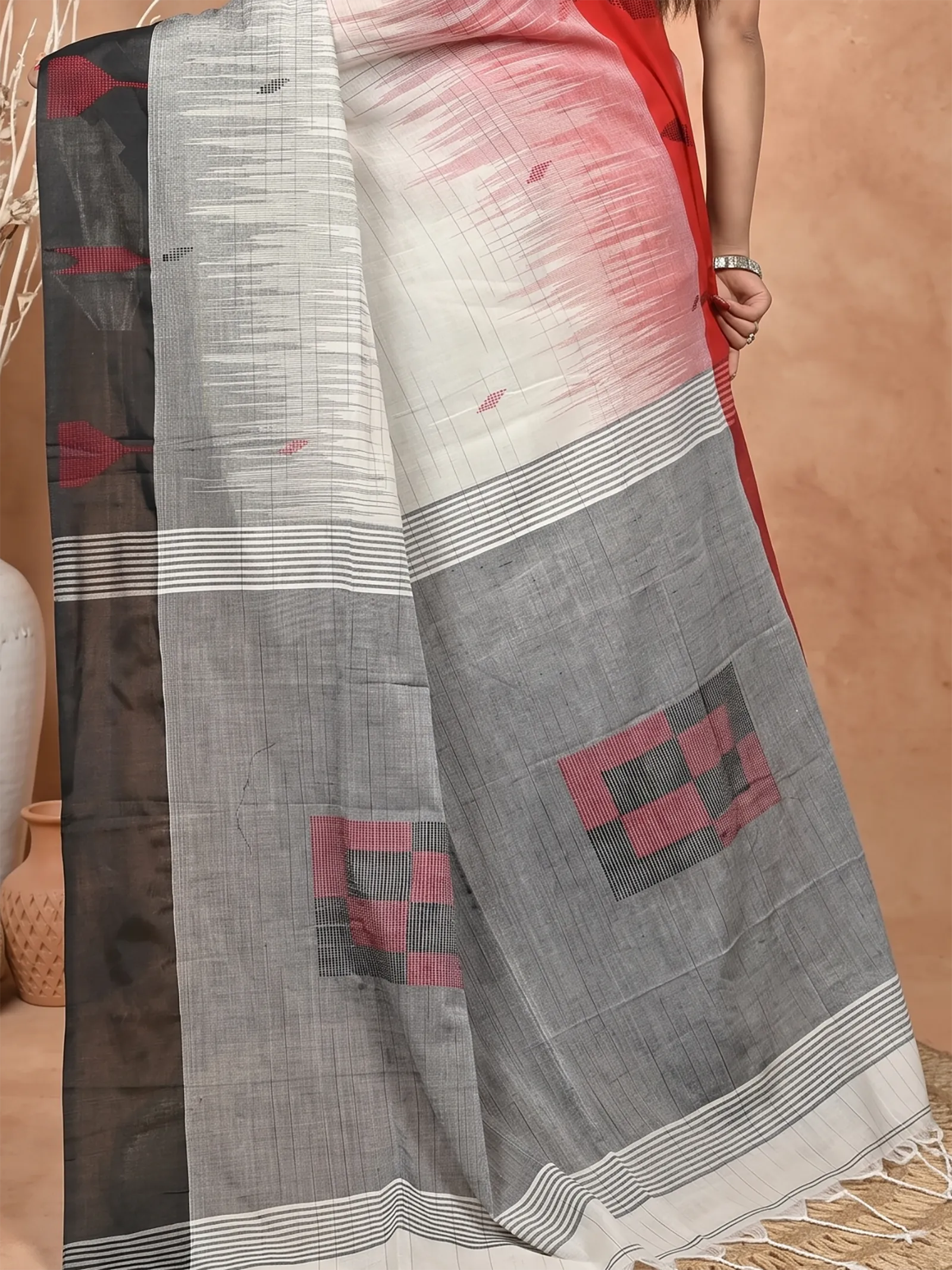 DipDiya Pure Cotton  Traditional Bengali Black Red Artisan Crafted Soumon Kotki Saree