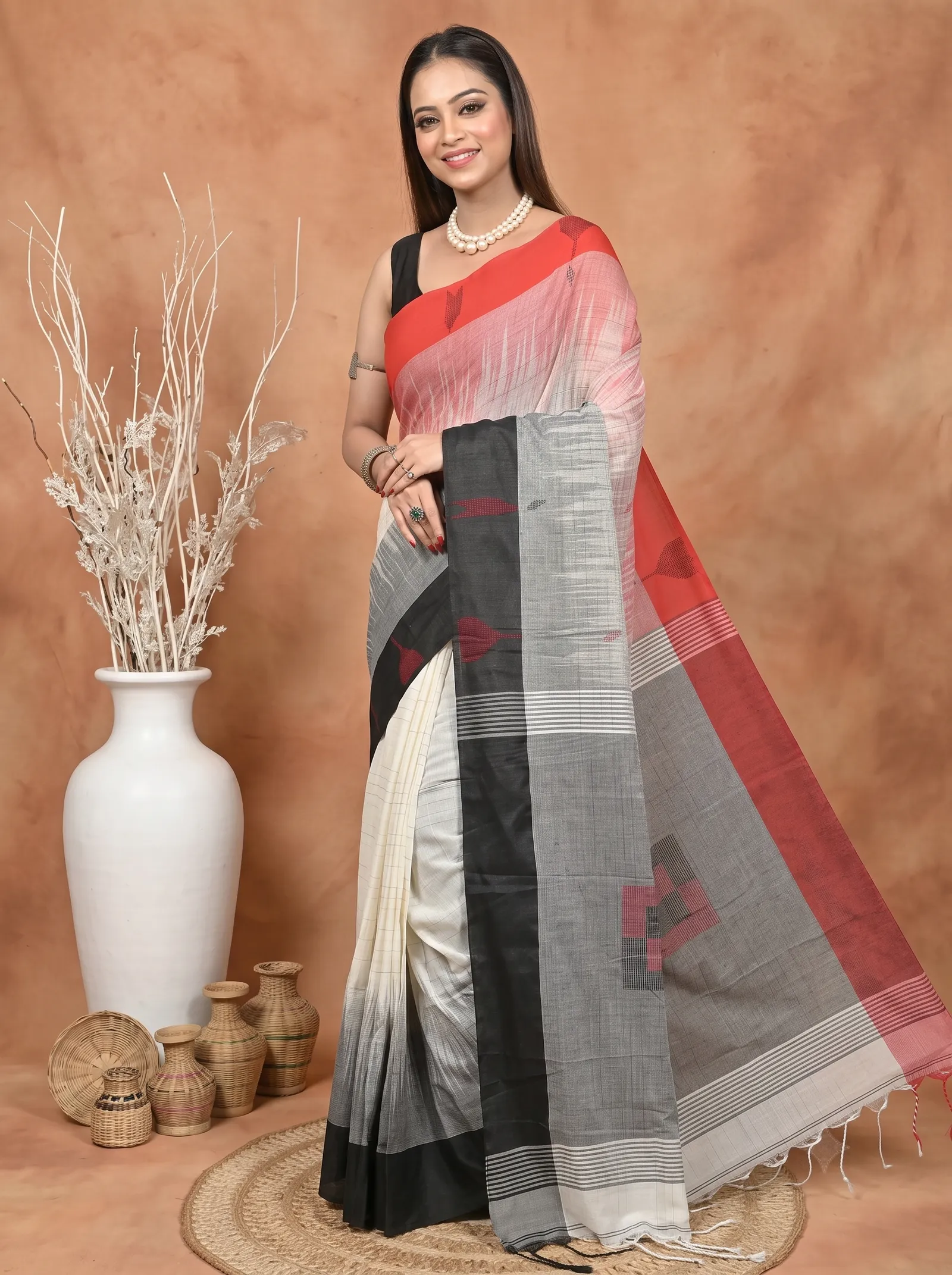 DipDiya Pure Cotton  Traditional Bengali Black Red Artisan Crafted Soumon Kotki Saree