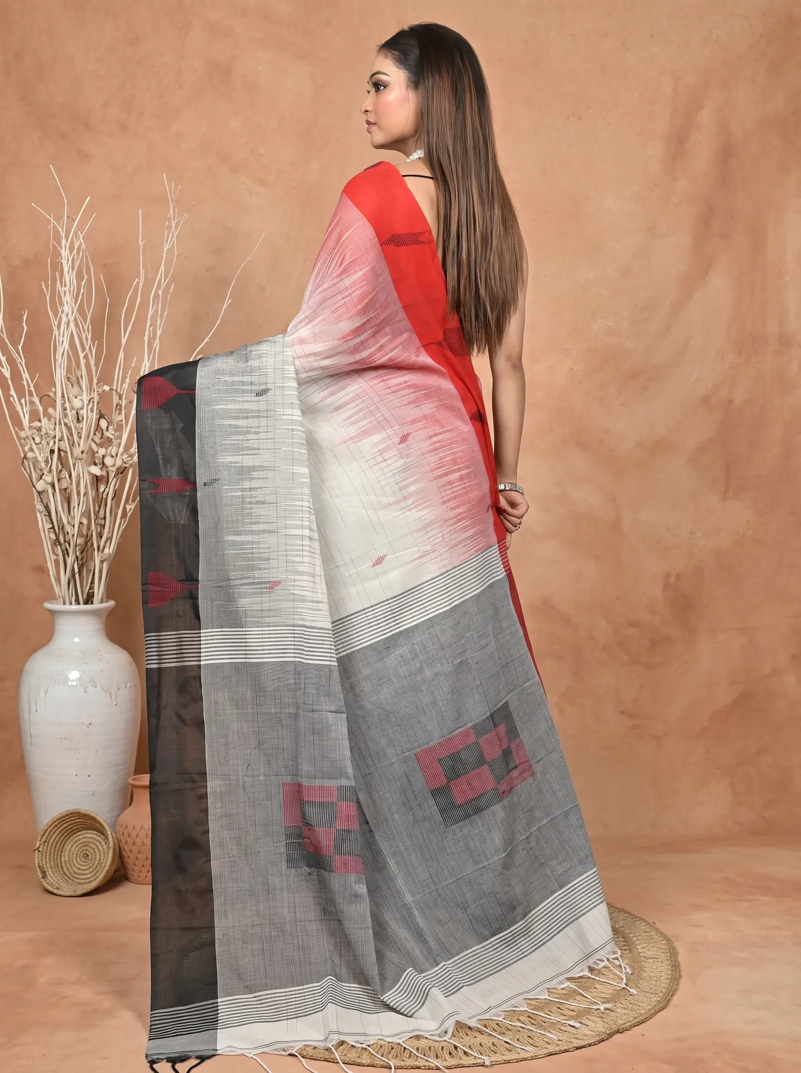 DipDiya Pure Cotton  Traditional Bengali Black Red Artisan Crafted Soumon Kotki Saree