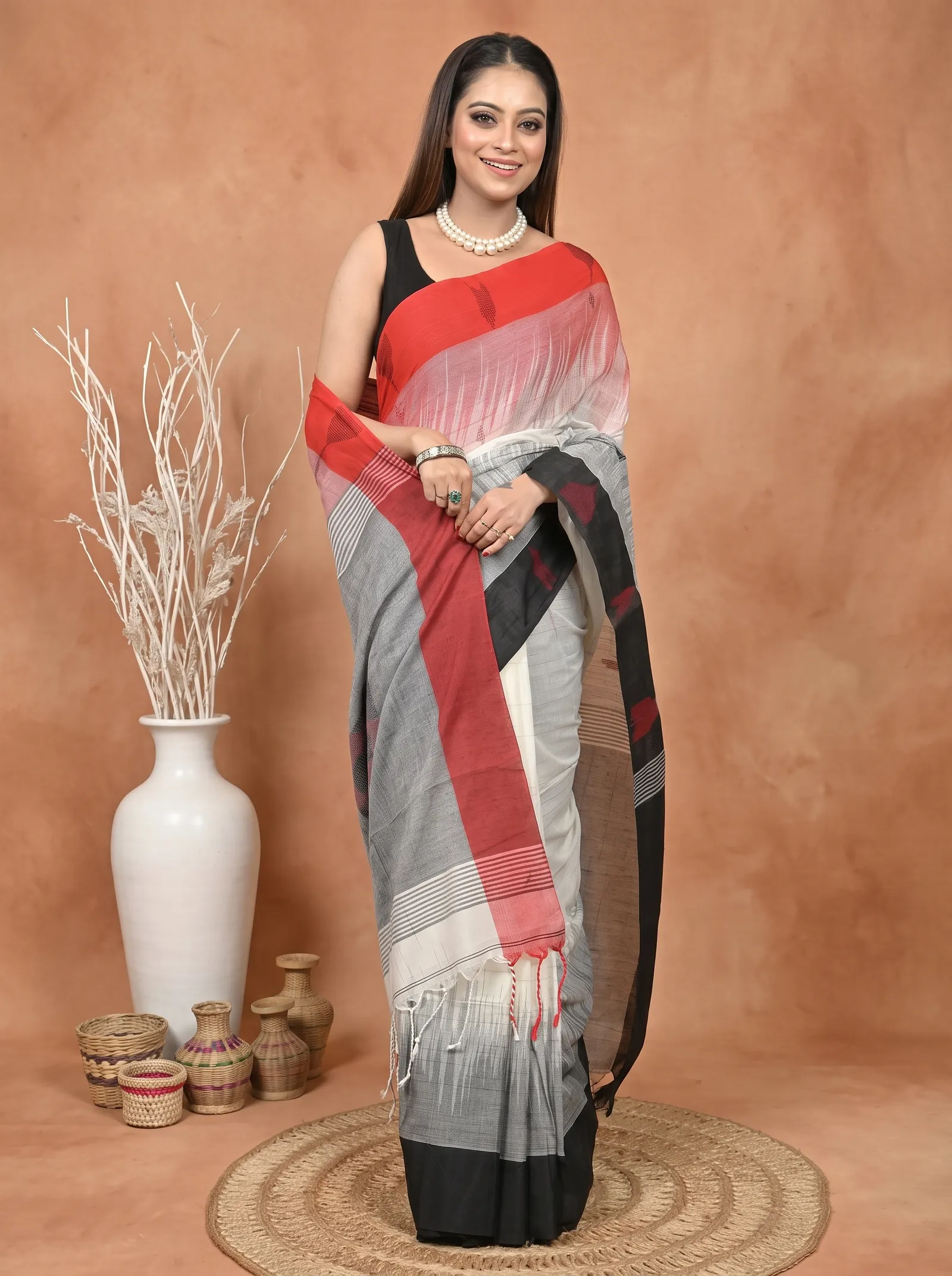 DipDiya Pure Cotton  Traditional Bengali Black Red Artisan Crafted Soumon Kotki Saree