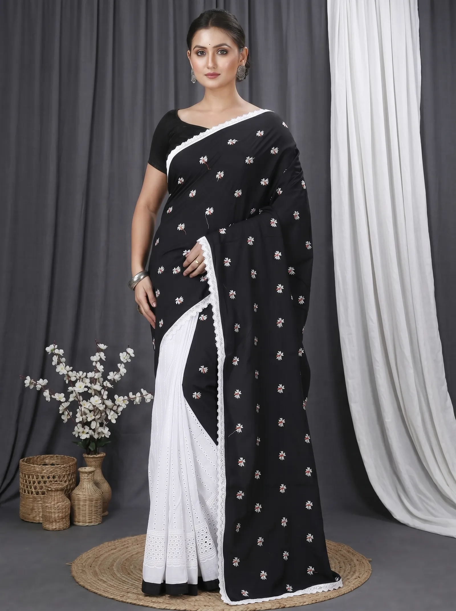 DipDiya Pure Cotton  Traditional Bengali Black White Artisan Crafted LalPori Handloom Saree