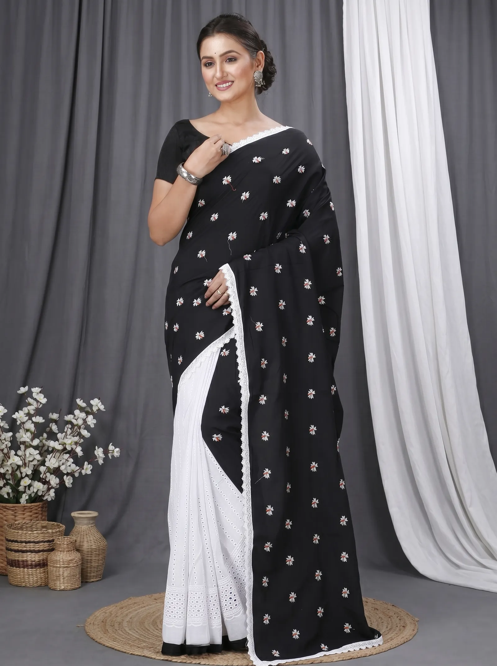 DipDiya Pure Cotton  Traditional Bengali Black White Artisan Crafted LalPori Handloom Saree