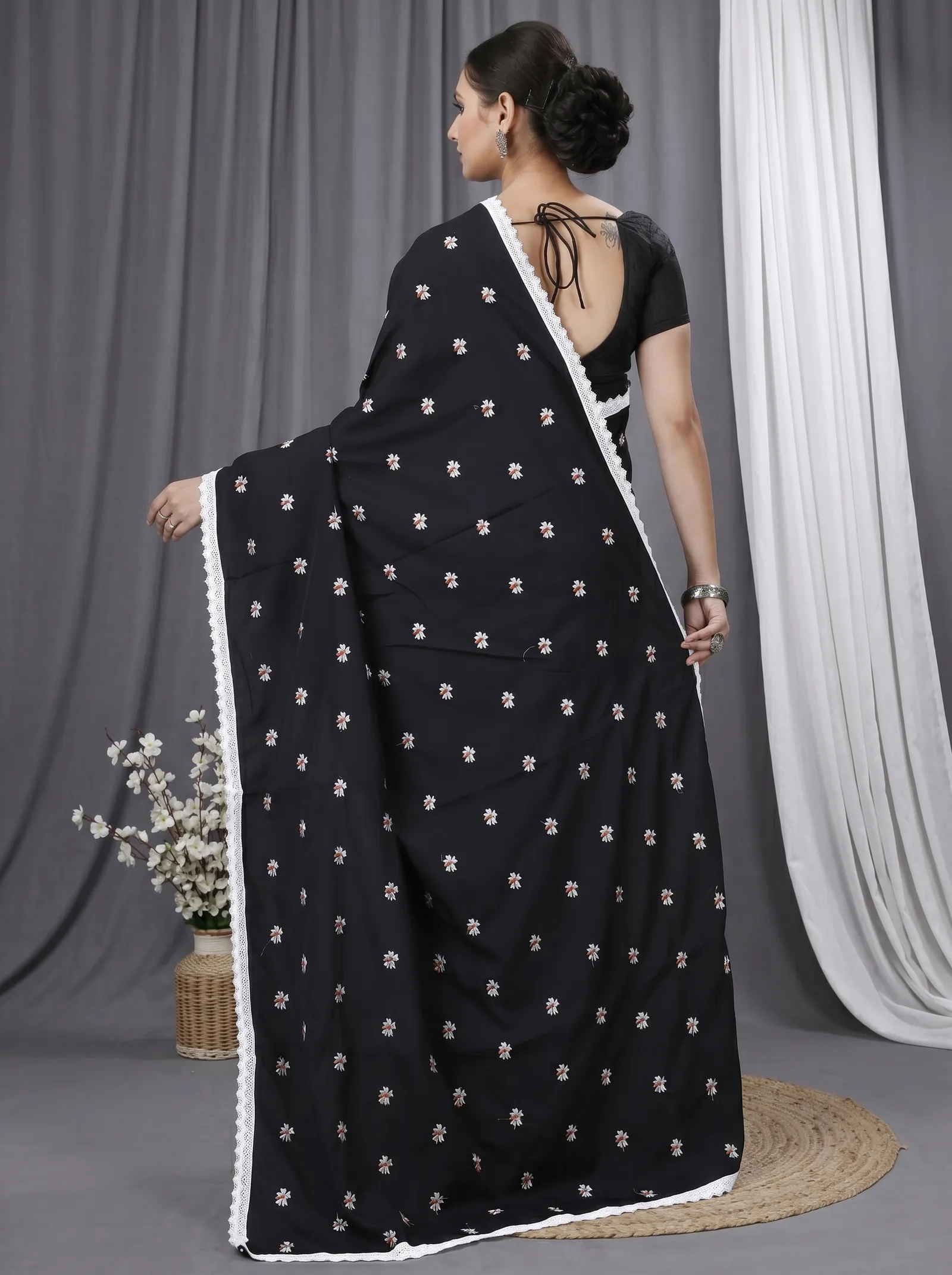 DipDiya Pure Cotton  Traditional Bengali Black White Artisan Crafted LalPori Handloom Saree