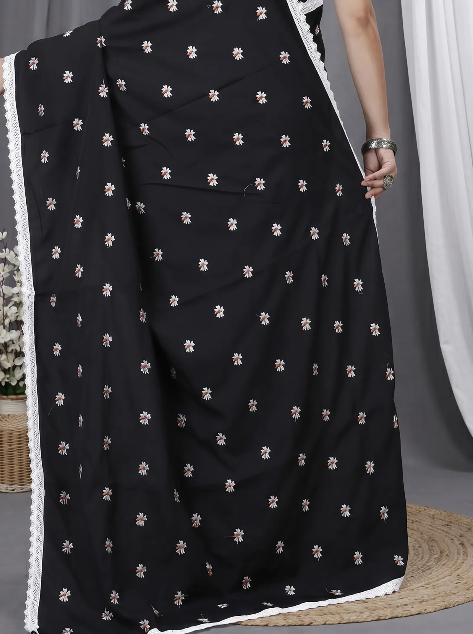 DipDiya Pure Cotton  Traditional Bengali Black White Artisan Crafted LalPori Handloom Saree