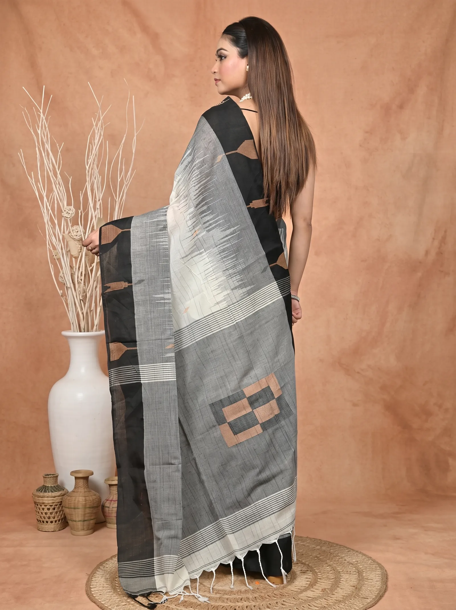 DipDiya Pure Cotton  Traditional Bengali Black White Artisan Crafted Soumon Kotki Saree