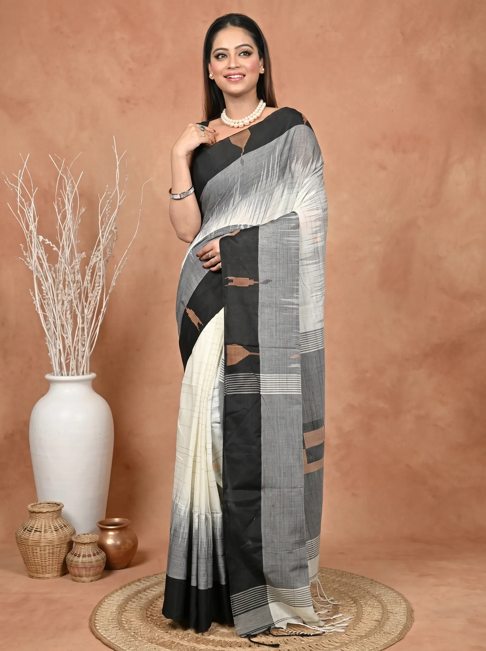 DipDiya Pure Cotton  Traditional Bengali Black White Artisan Crafted Soumon Kotki Saree