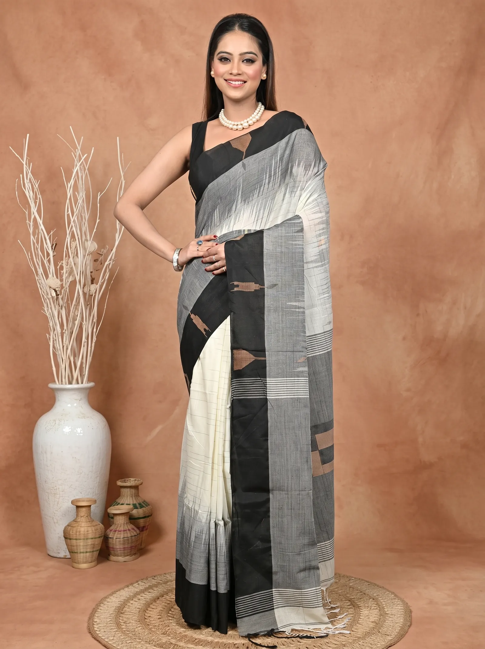 DipDiya Pure Cotton  Traditional Bengali Black White Artisan Crafted Soumon Kotki Saree