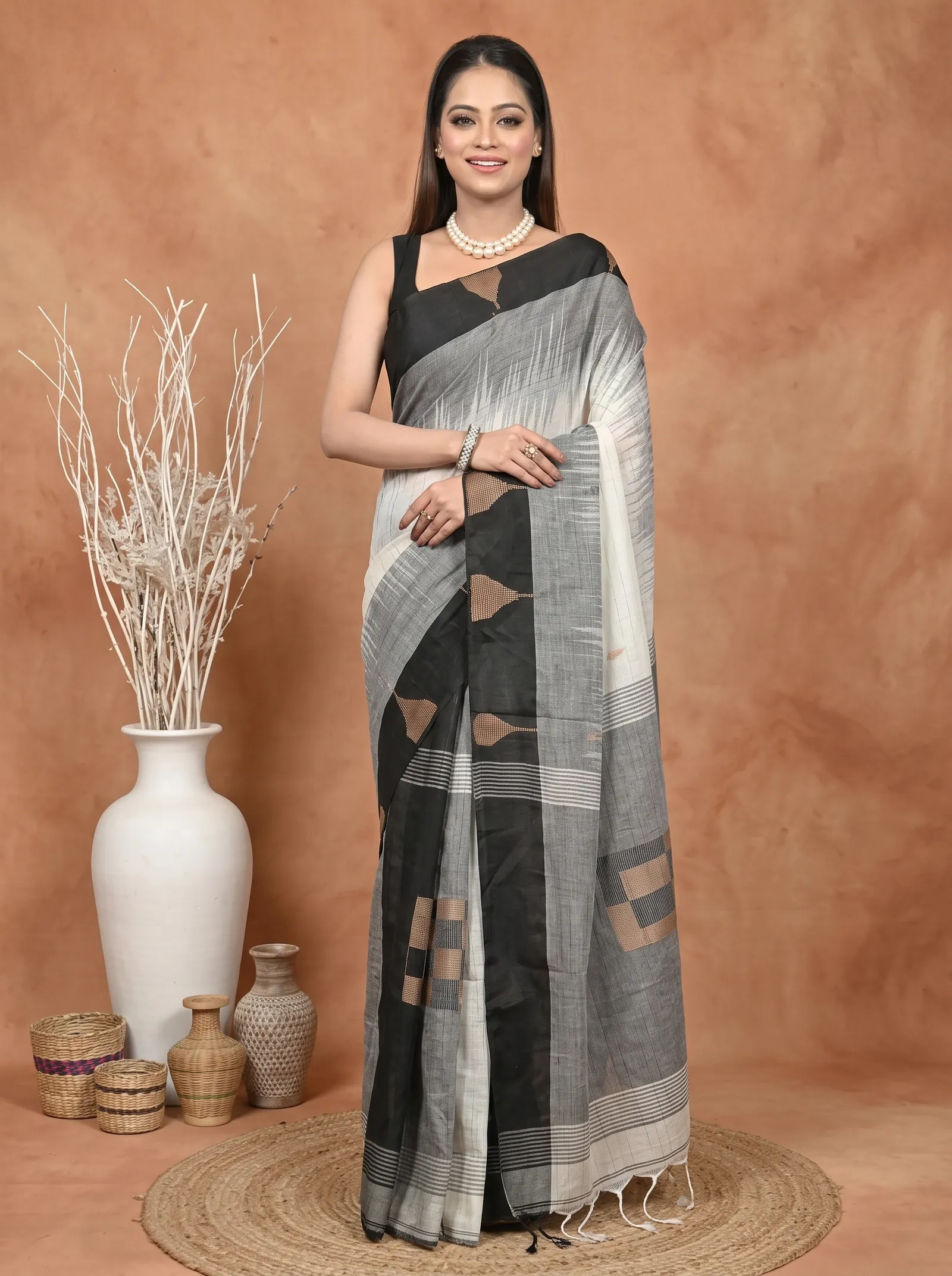 DipDiya Pure Cotton  Traditional Bengali Black White Artisan Crafted Soumon Kotki Saree