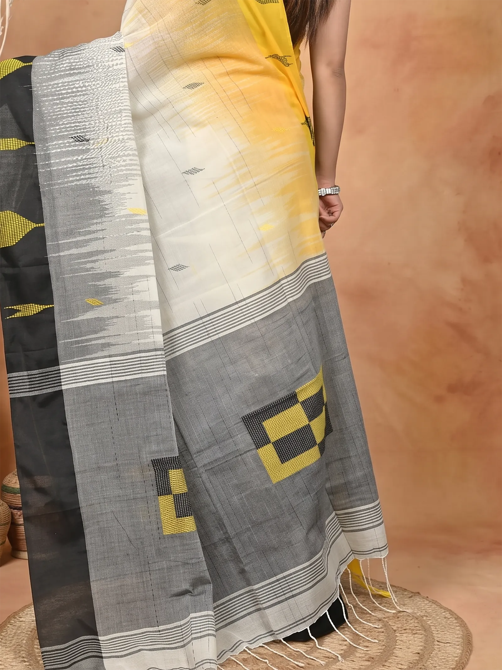 DipDiya Pure Cotton  Traditional Bengali Black Yellow Artisan Crafted Soumon Kotki Saree