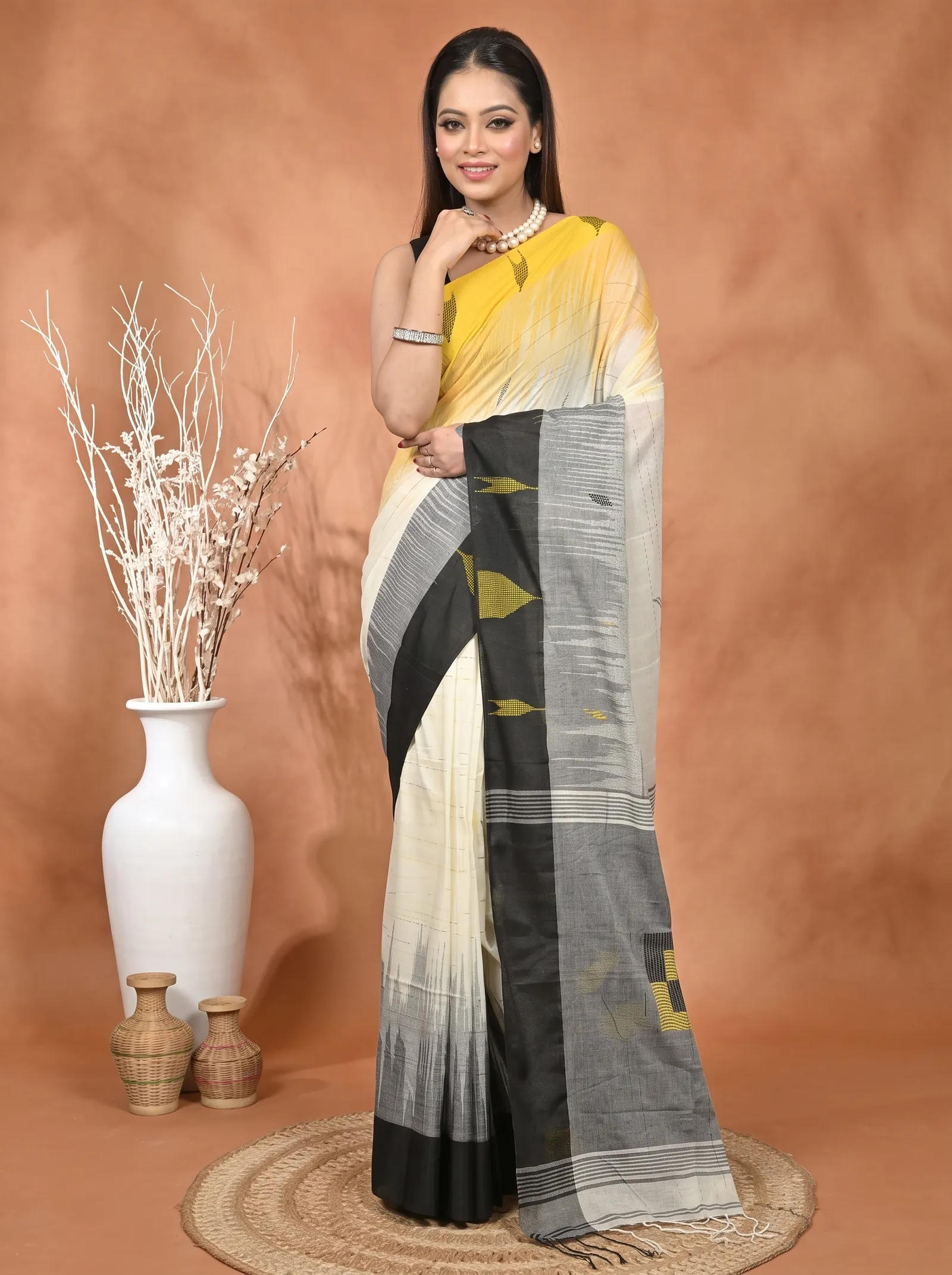 DipDiya Pure Cotton  Traditional Bengali Black Yellow Artisan Crafted Soumon Kotki Saree