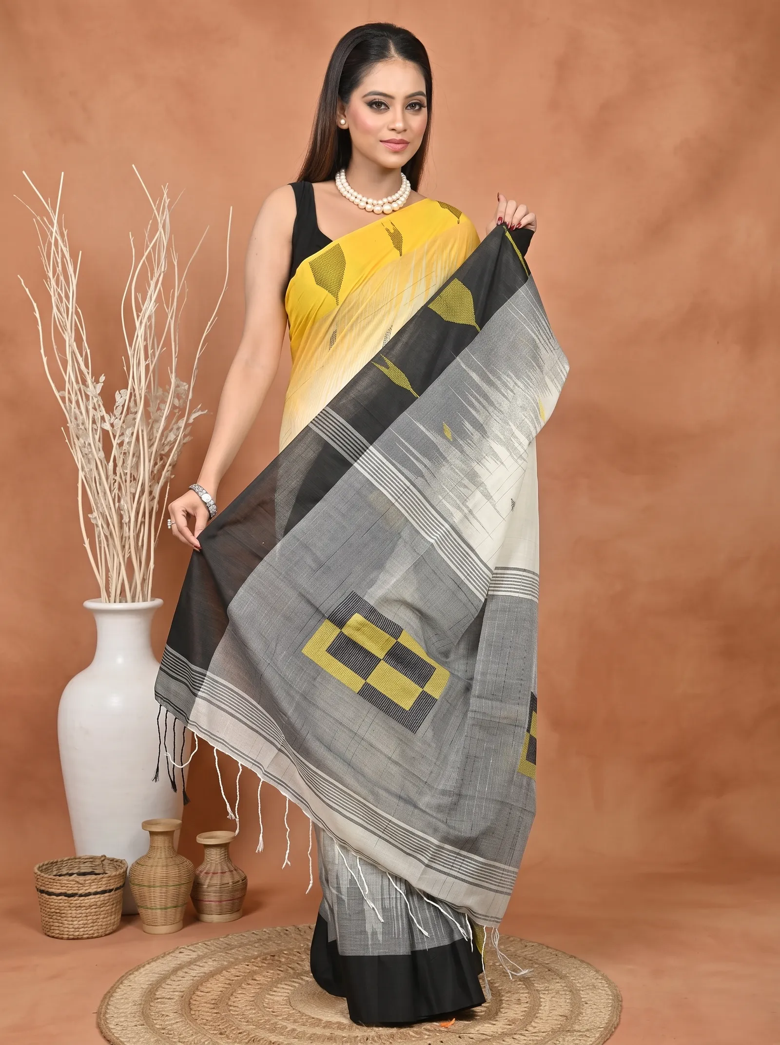DipDiya Pure Cotton  Traditional Bengali Black Yellow Artisan Crafted Soumon Kotki Saree