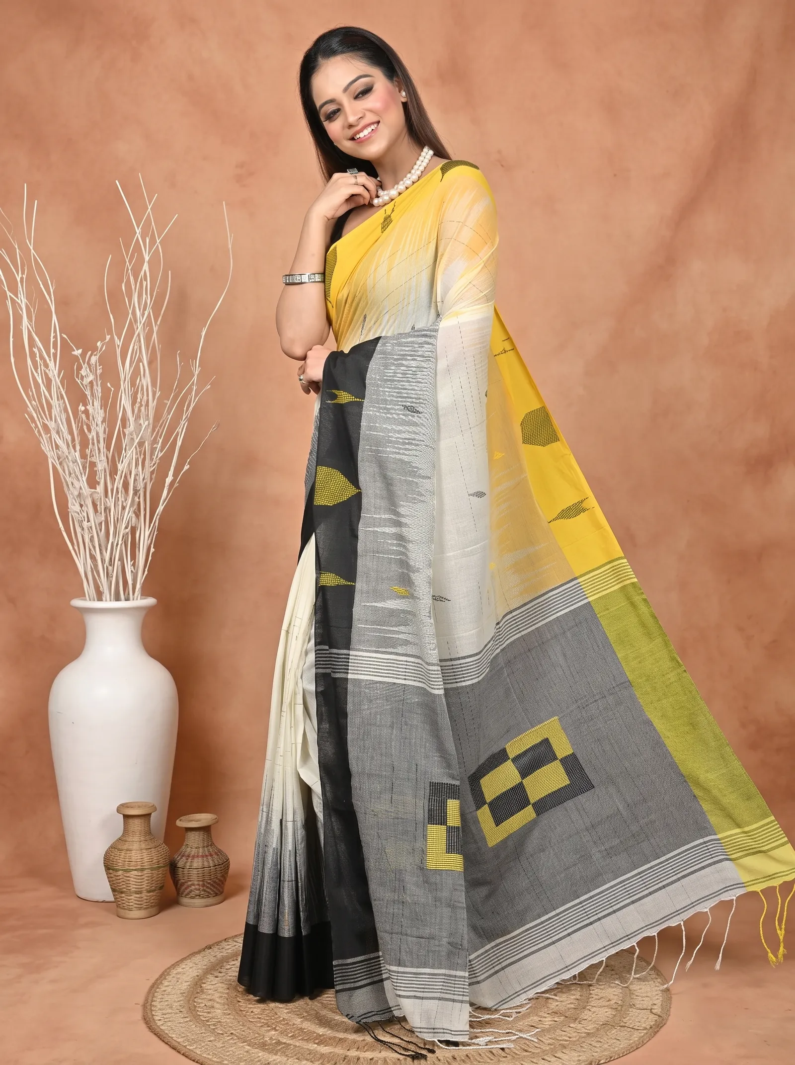 DipDiya Pure Cotton  Traditional Bengali Black Yellow Artisan Crafted Soumon Kotki Saree