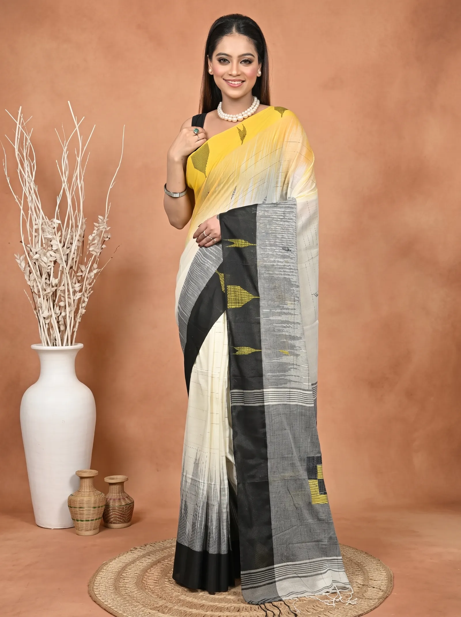 DipDiya Pure Cotton  Traditional Bengali Black Yellow Artisan Crafted Soumon Kotki Saree