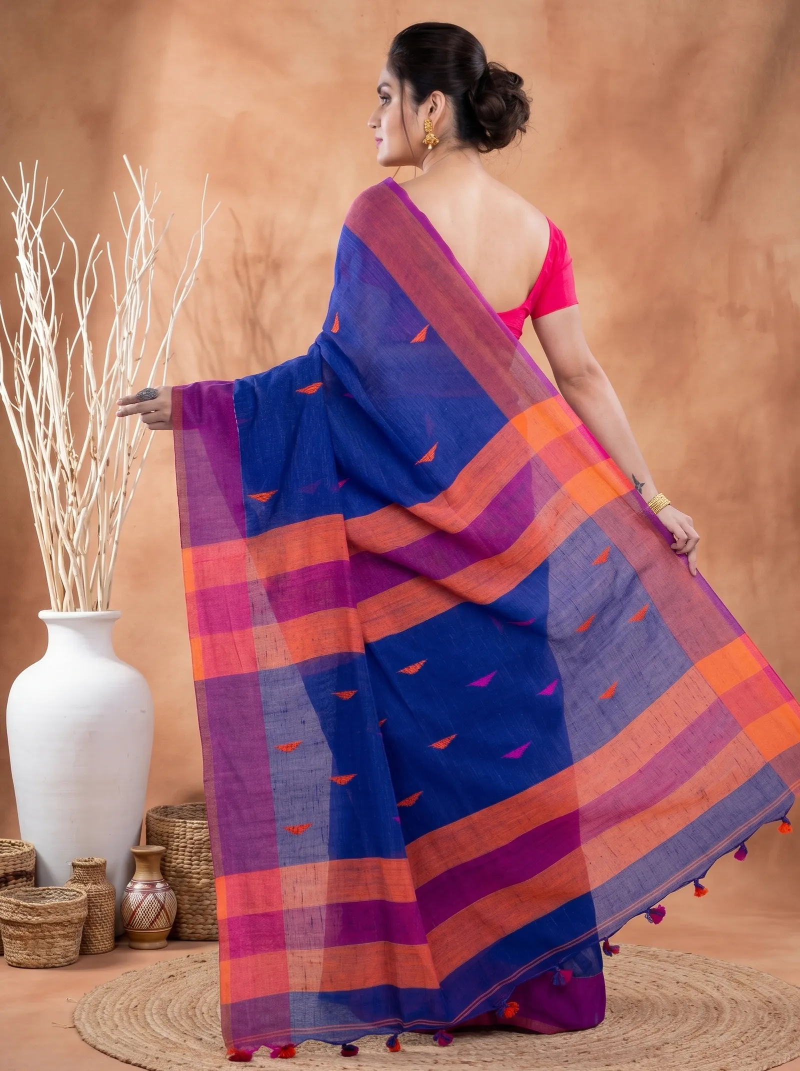 DipDiya Pure Cotton  Traditional Bengali Blue Artisan Crafted Clasic Than Handloom Saree