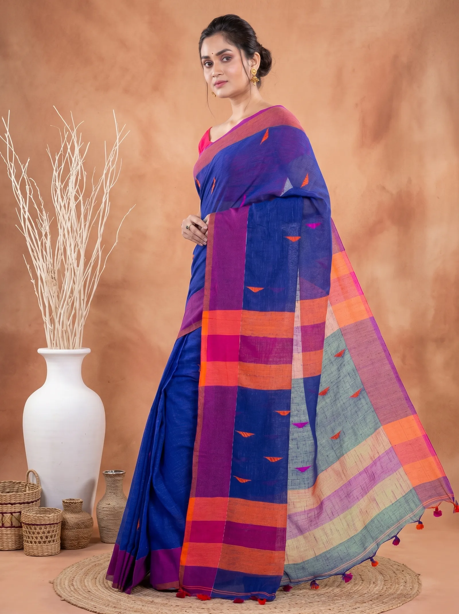 DipDiya Pure Cotton  Traditional Bengali Blue Artisan Crafted Clasic Than Handloom Saree