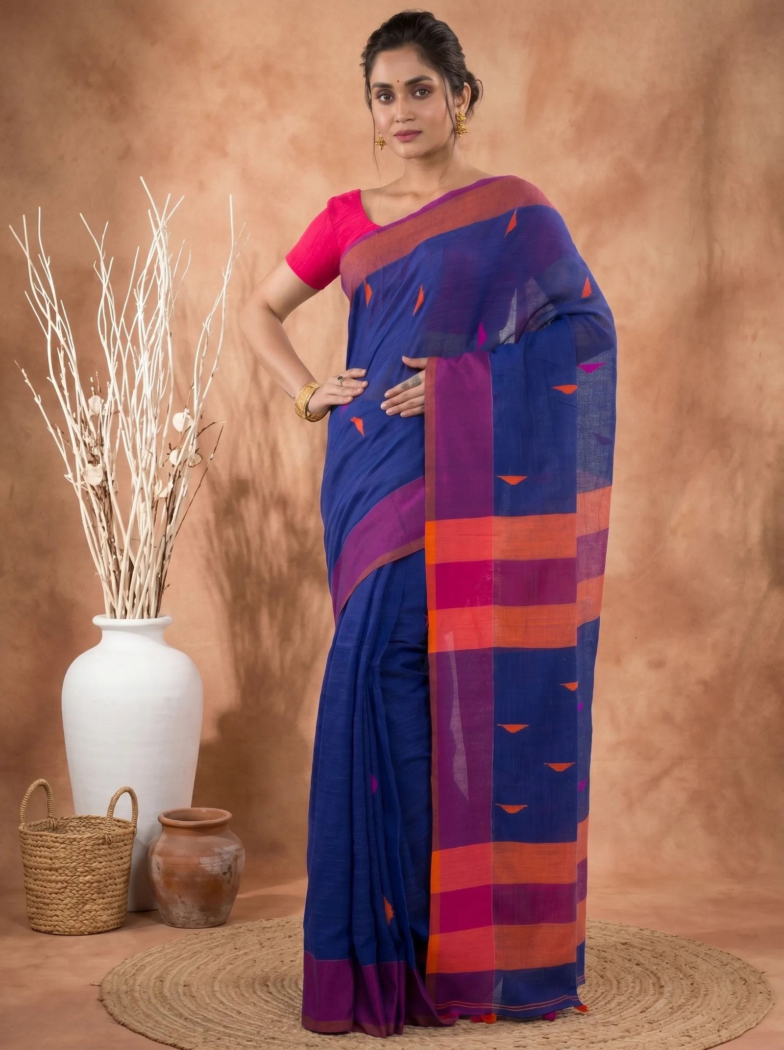 DipDiya Pure Cotton  Traditional Bengali Blue Artisan Crafted Clasic Than Handloom Saree