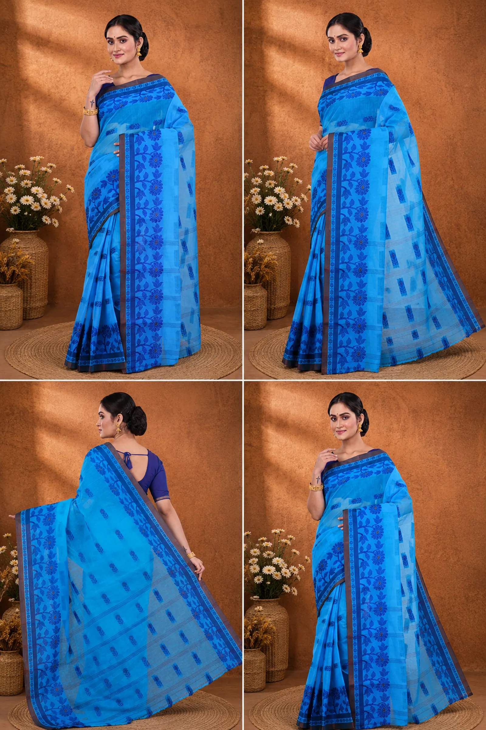 DipDiya Pure Cotton  Traditional Bengali Blue Artisan Crafted Fultop Tant Tant Saree