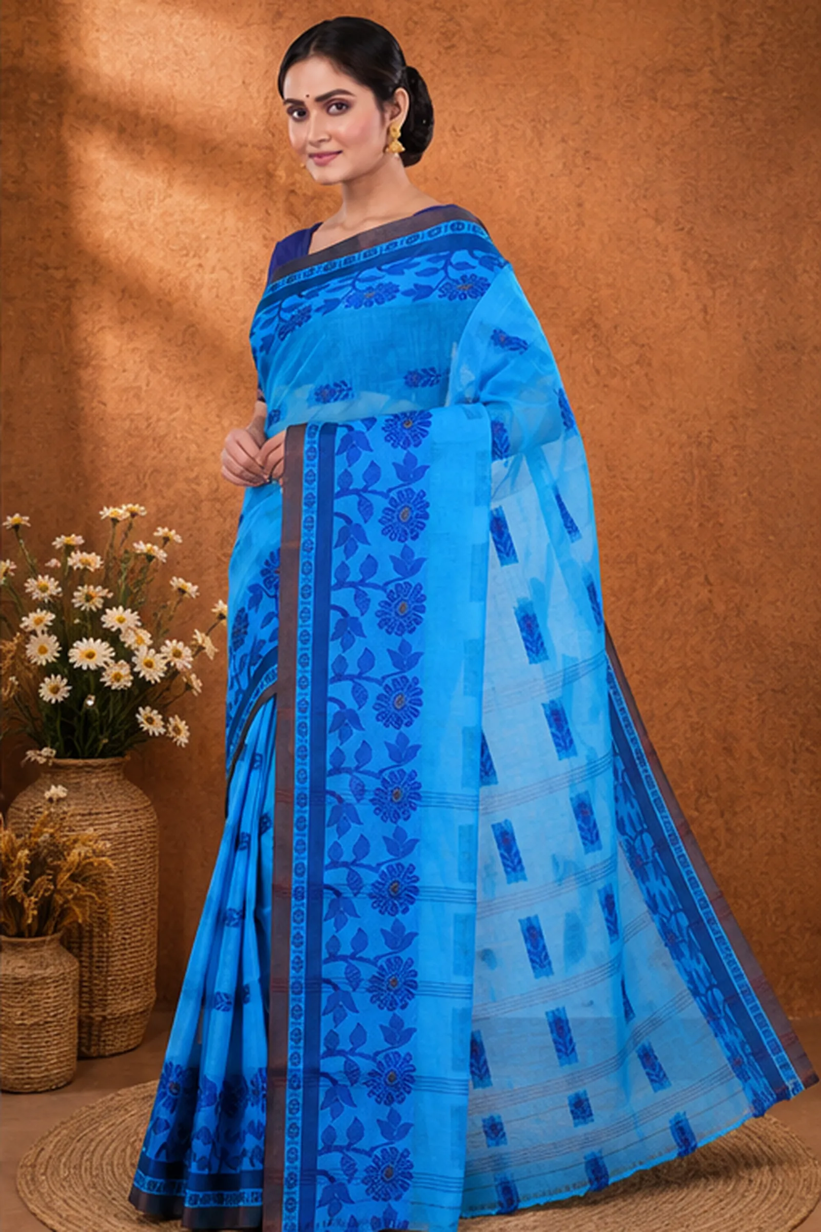 DipDiya Pure Cotton  Traditional Bengali Blue Artisan Crafted Fultop Tant Tant Saree