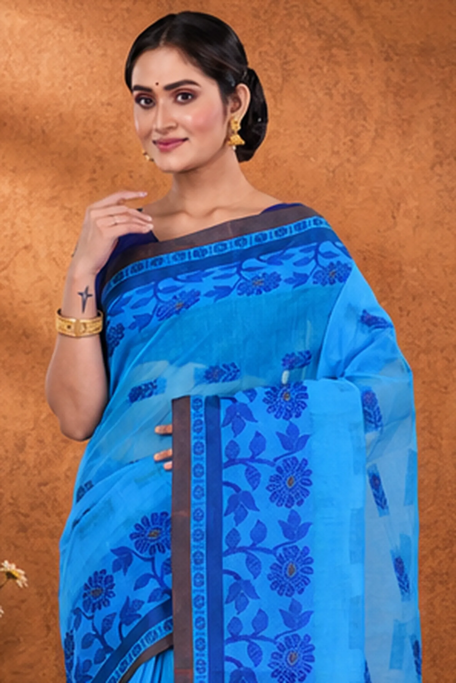 DipDiya Pure Cotton  Traditional Bengali Blue Artisan Crafted Fultop Tant Tant Saree