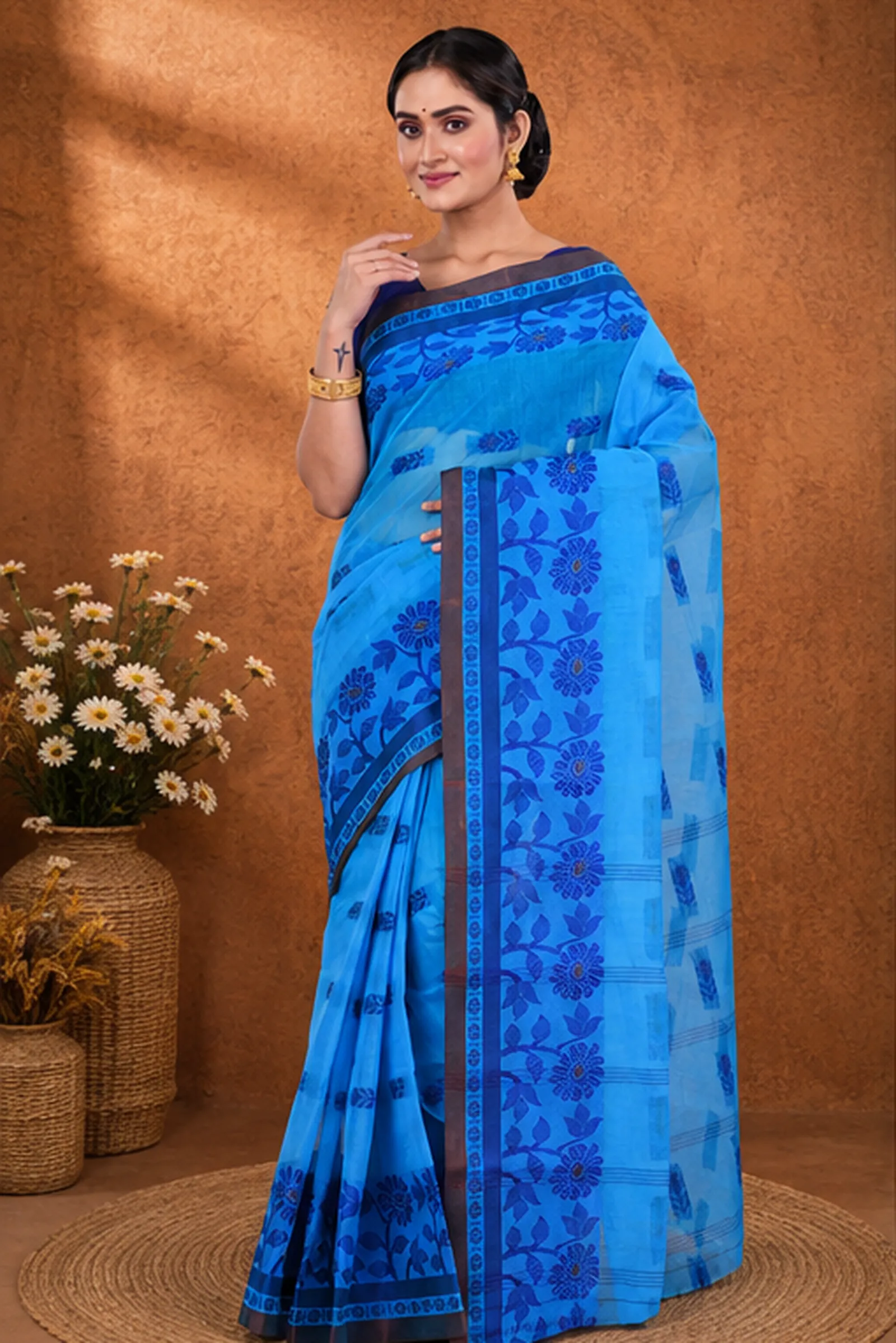 DipDiya Pure Cotton  Traditional Bengali Blue Artisan Crafted Fultop Tant Tant Saree