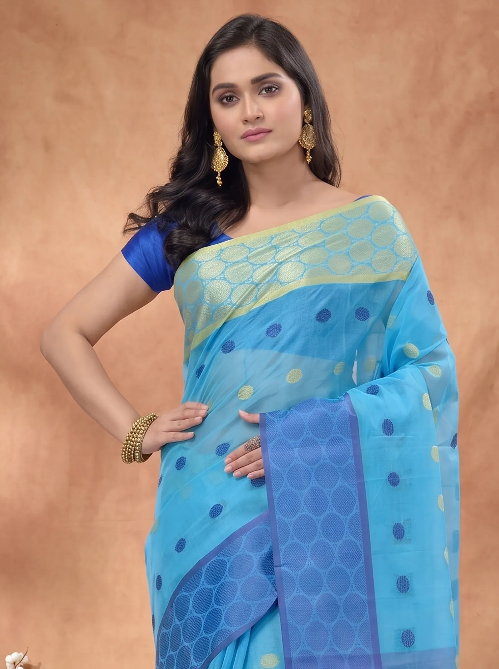 DipDiya Pure Cotton  Traditional Bengali Blue Artisan Crafted Ganga Jamuna Tant Saree