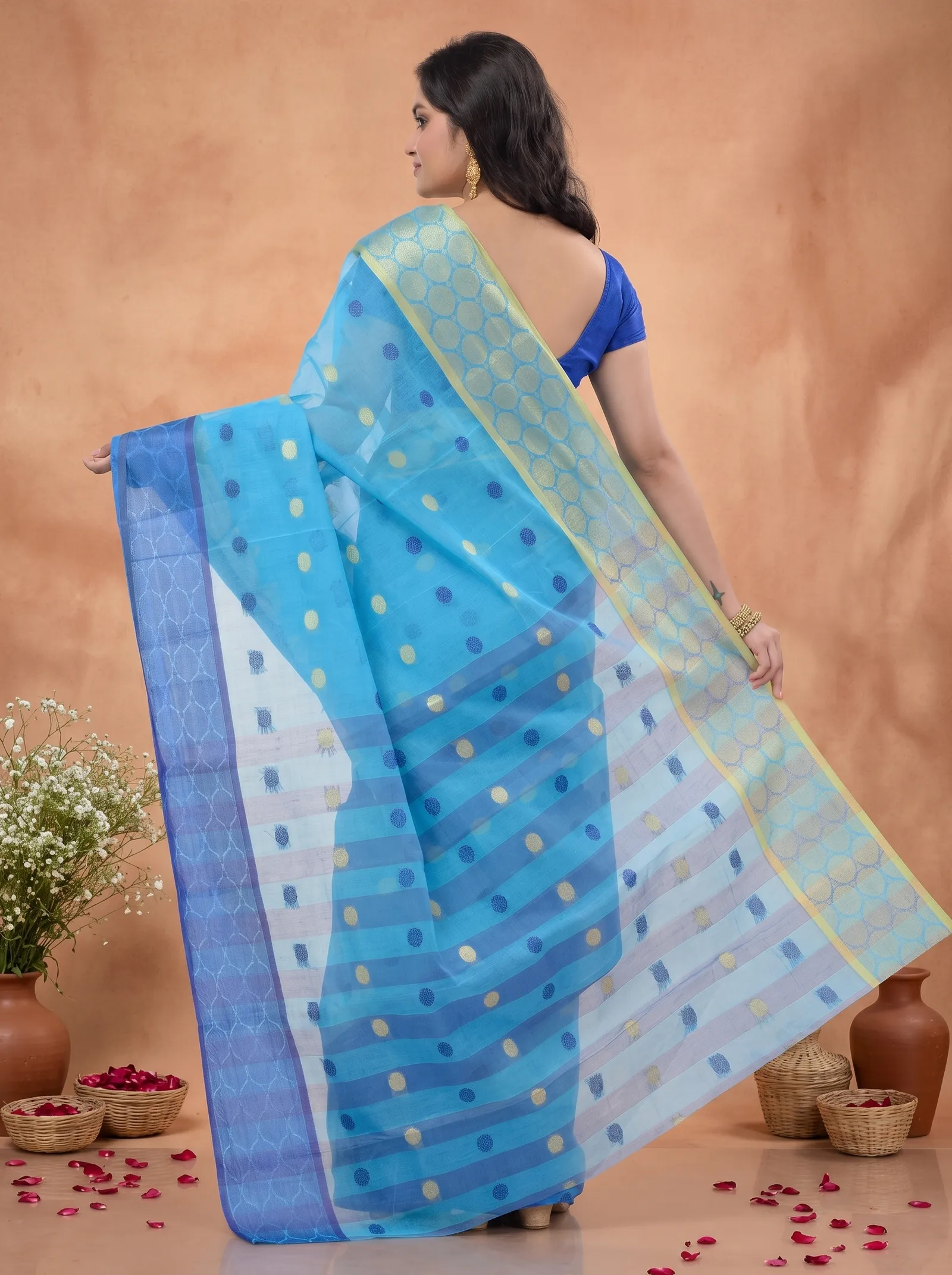DipDiya Pure Cotton  Traditional Bengali Blue Artisan Crafted Ganga Jamuna Tant Saree
