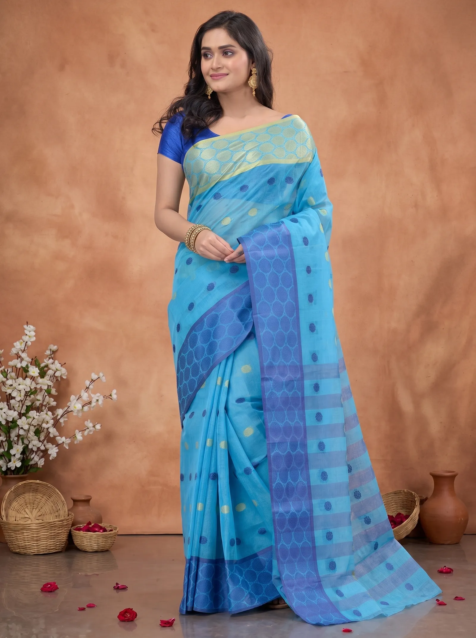 DipDiya Pure Cotton  Traditional Bengali Blue Artisan Crafted Ganga Jamuna Tant Saree