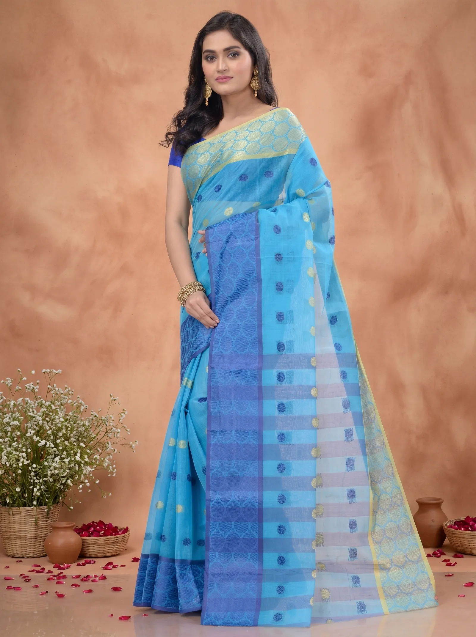 DipDiya Pure Cotton  Traditional Bengali Blue Artisan Crafted Ganga Jamuna Tant Saree