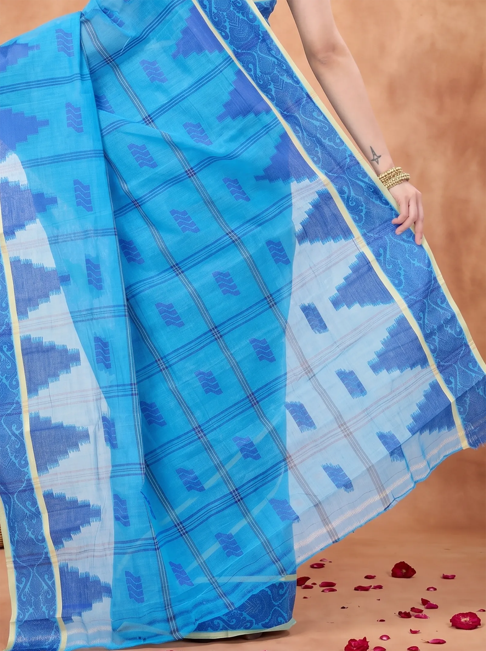 DipDiya Pure Cotton  Traditional Bengali Blue Artisan Crafted Kamala Desiging Tant Saree
