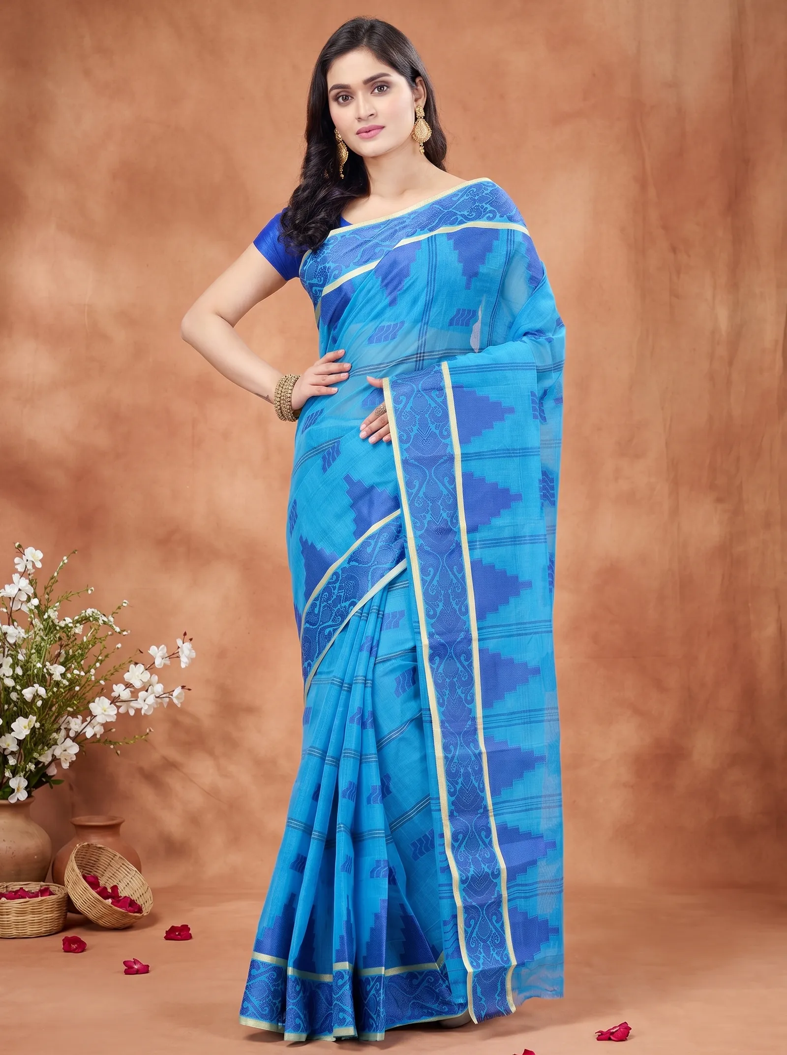 DipDiya Pure Cotton  Traditional Bengali Blue Artisan Crafted Kamala Desiging Tant Saree