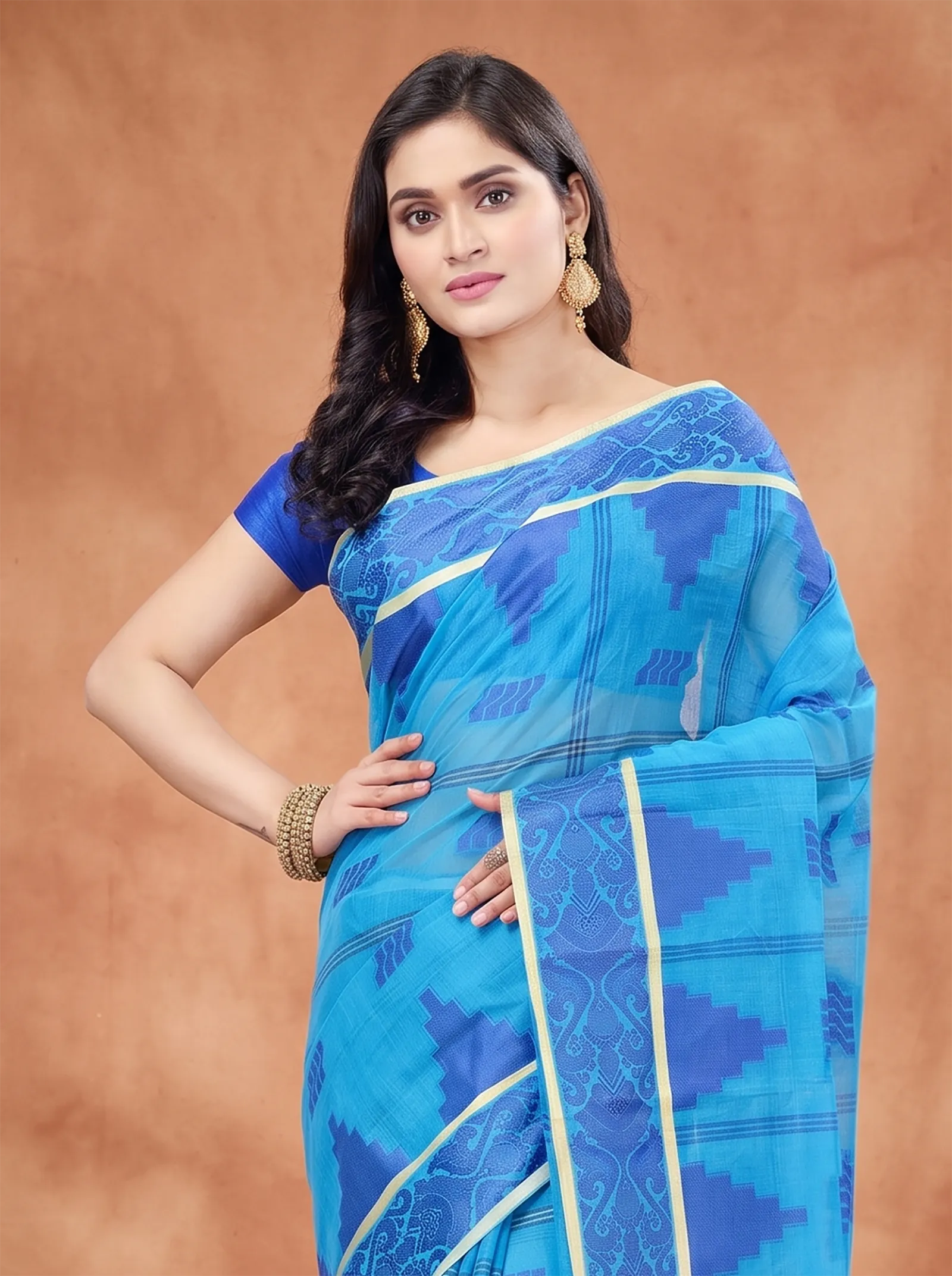 DipDiya Pure Cotton  Traditional Bengali Blue Artisan Crafted Kamala Desiging Tant Saree