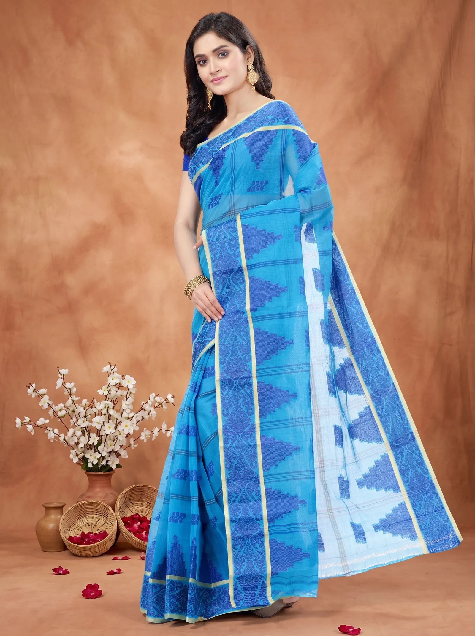 DipDiya Pure Cotton  Traditional Bengali Blue Artisan Crafted Kamala Desiging Tant Saree