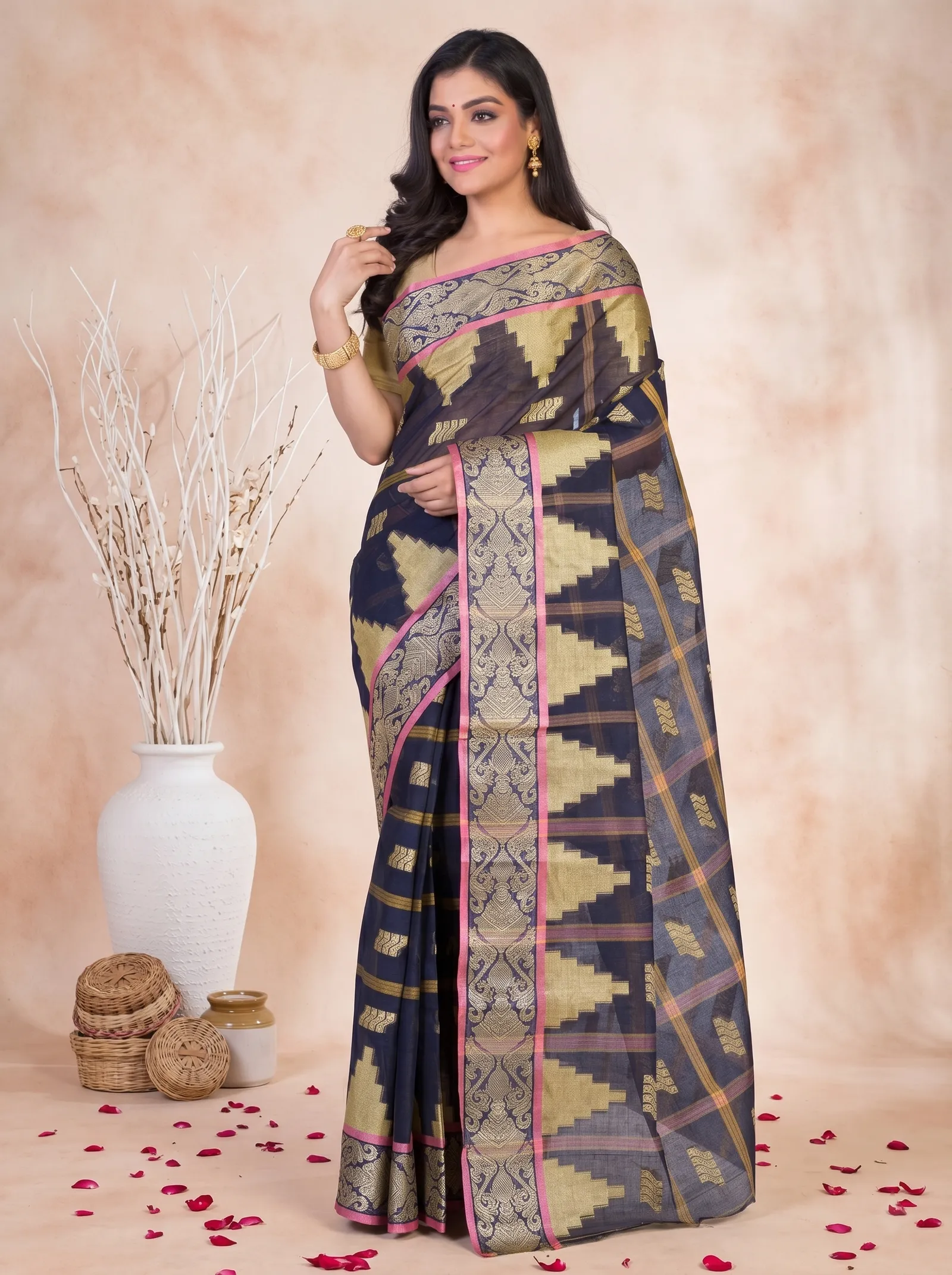 DipDiya Pure Cotton  Traditional Bengali Blue Artisan Crafted Kamala Tant Saree