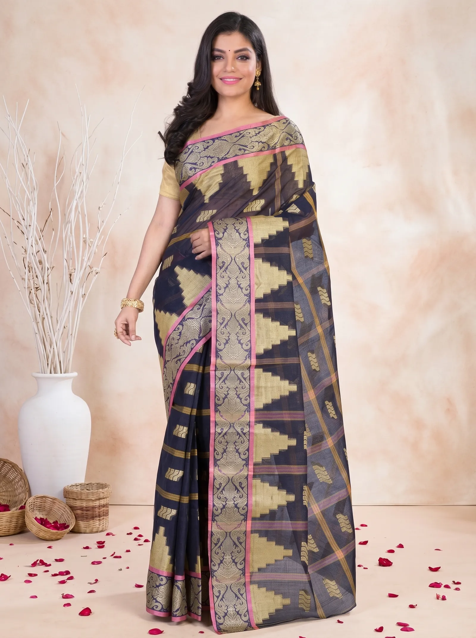 DipDiya Pure Cotton  Traditional Bengali Blue Artisan Crafted Kamala Tant Saree
