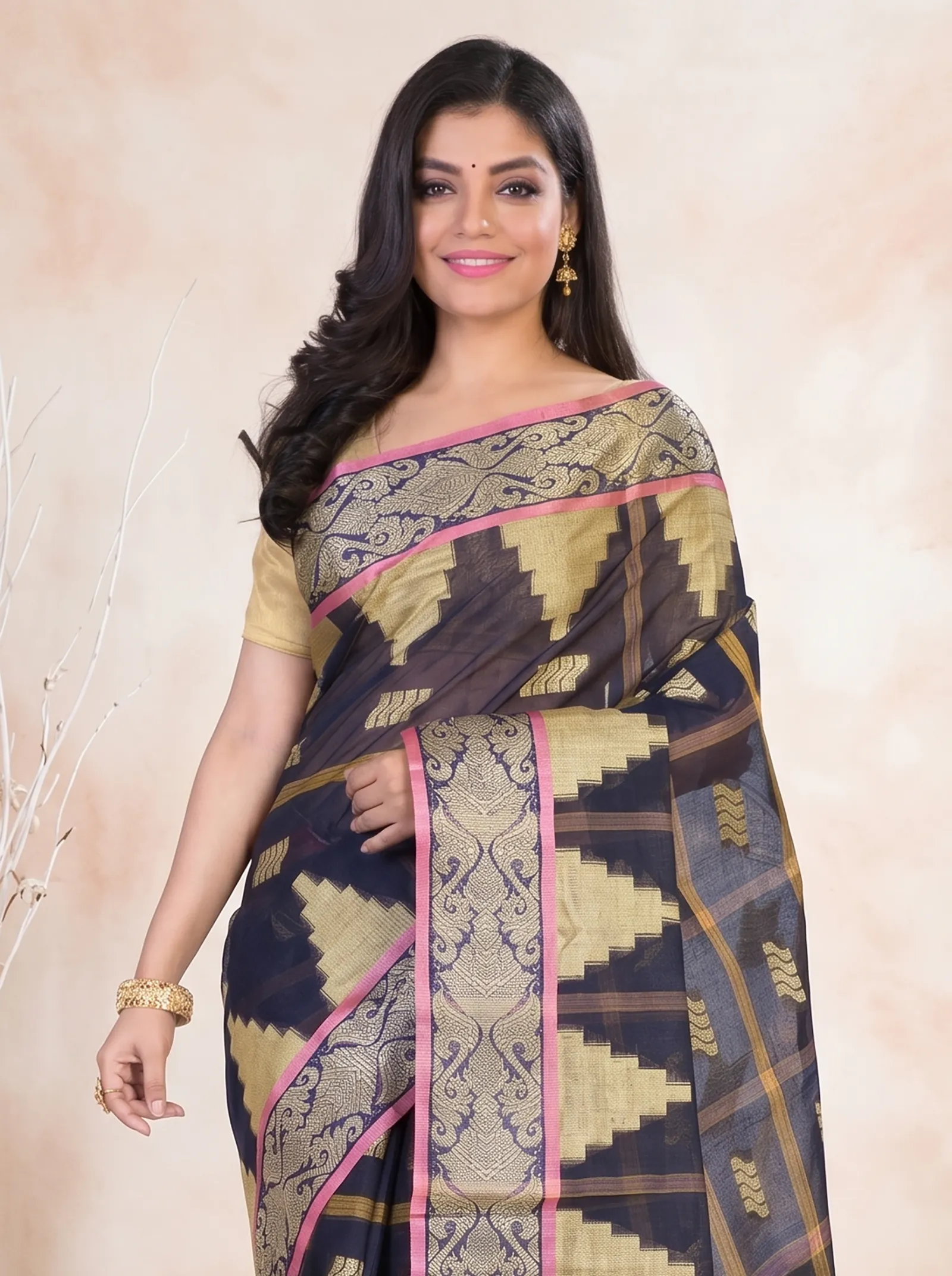 DipDiya Pure Cotton  Traditional Bengali Blue Artisan Crafted Kamala Tant Saree