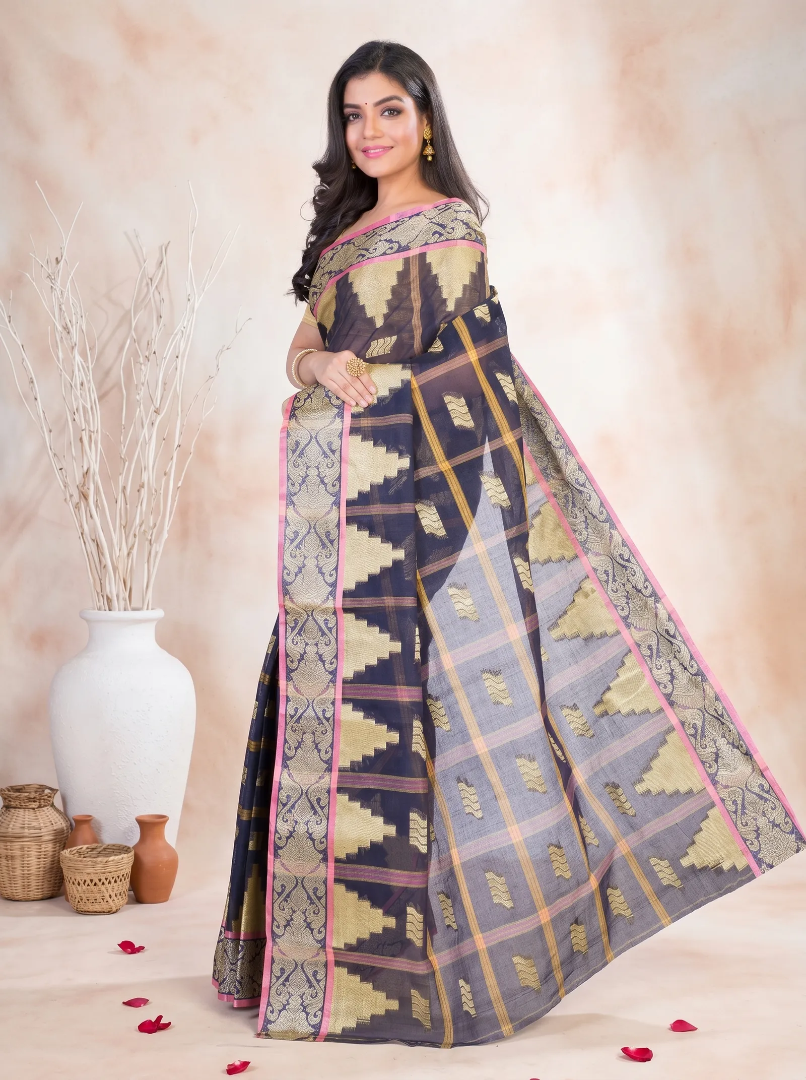 DipDiya Pure Cotton  Traditional Bengali Blue Artisan Crafted Kamala Tant Saree