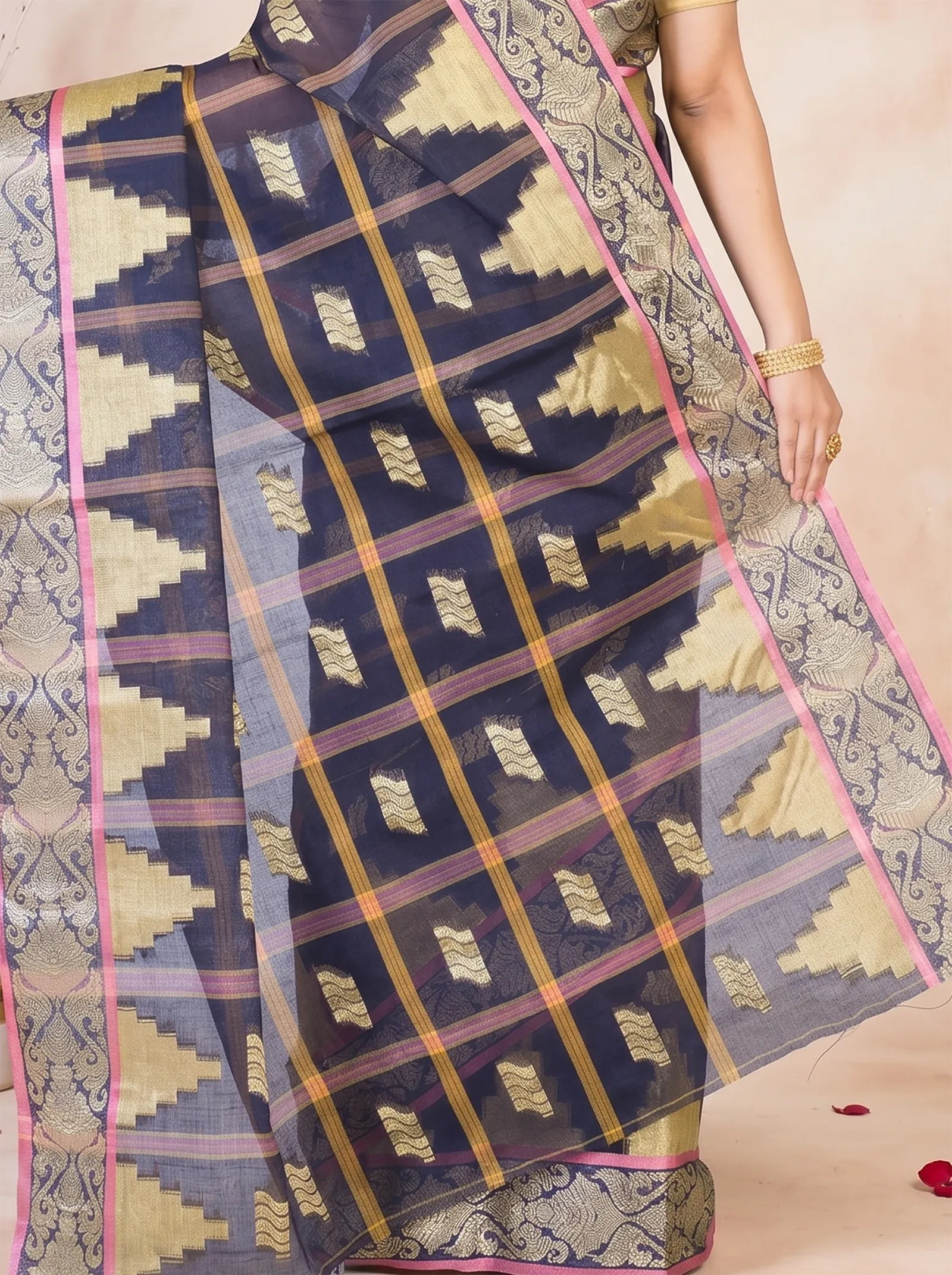 DipDiya Pure Cotton  Traditional Bengali Blue Artisan Crafted Kamala Tant Saree