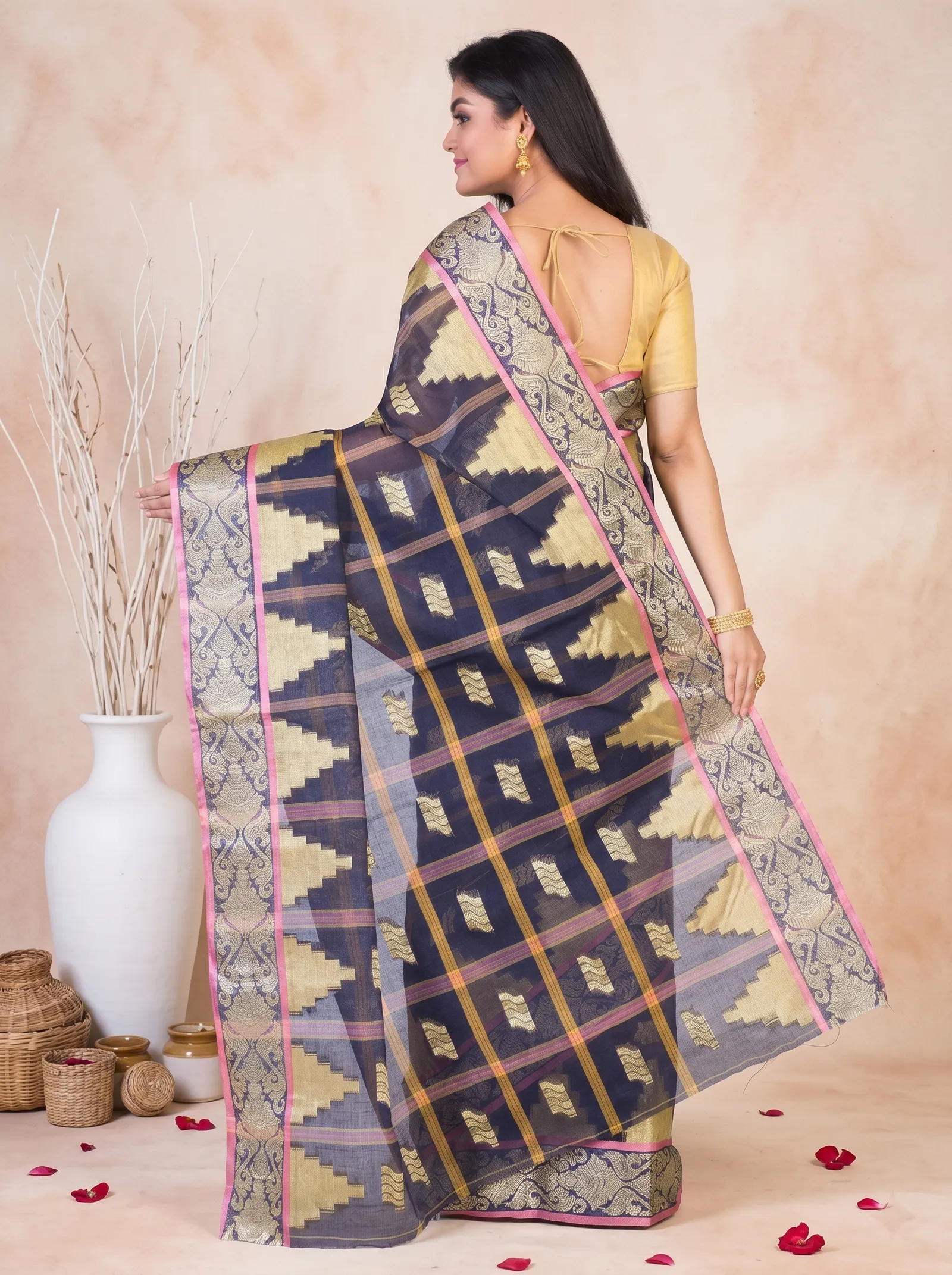 DipDiya Pure Cotton  Traditional Bengali Blue Artisan Crafted Kamala Tant Saree
