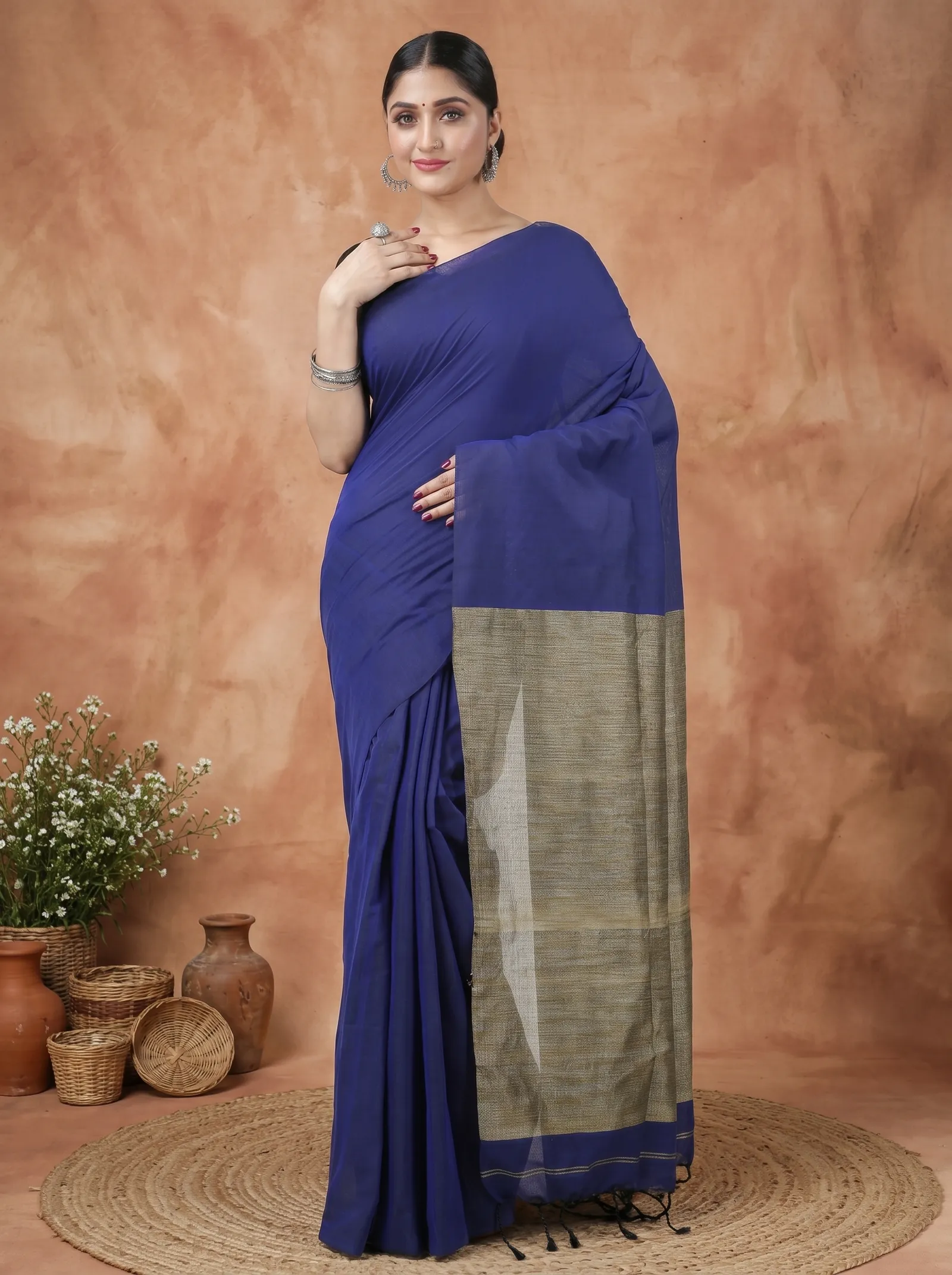 DipDiya Pure Cotton  Traditional Bengali Blue Artisan Crafted Kesh Than Handloom Saree
