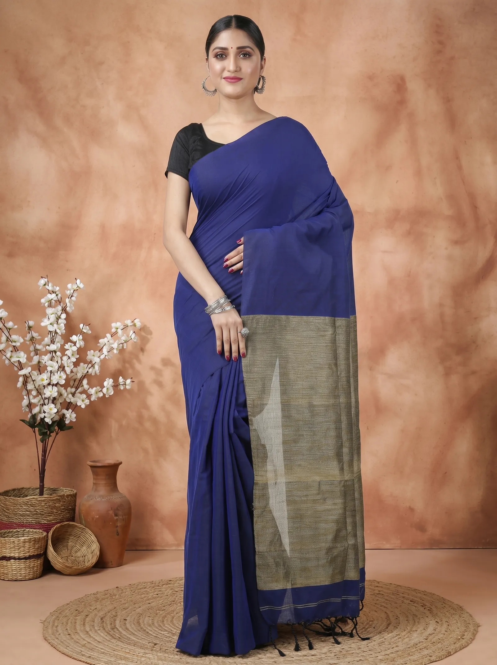 DipDiya Pure Cotton  Traditional Bengali Blue Artisan Crafted Kesh Than Handloom Saree