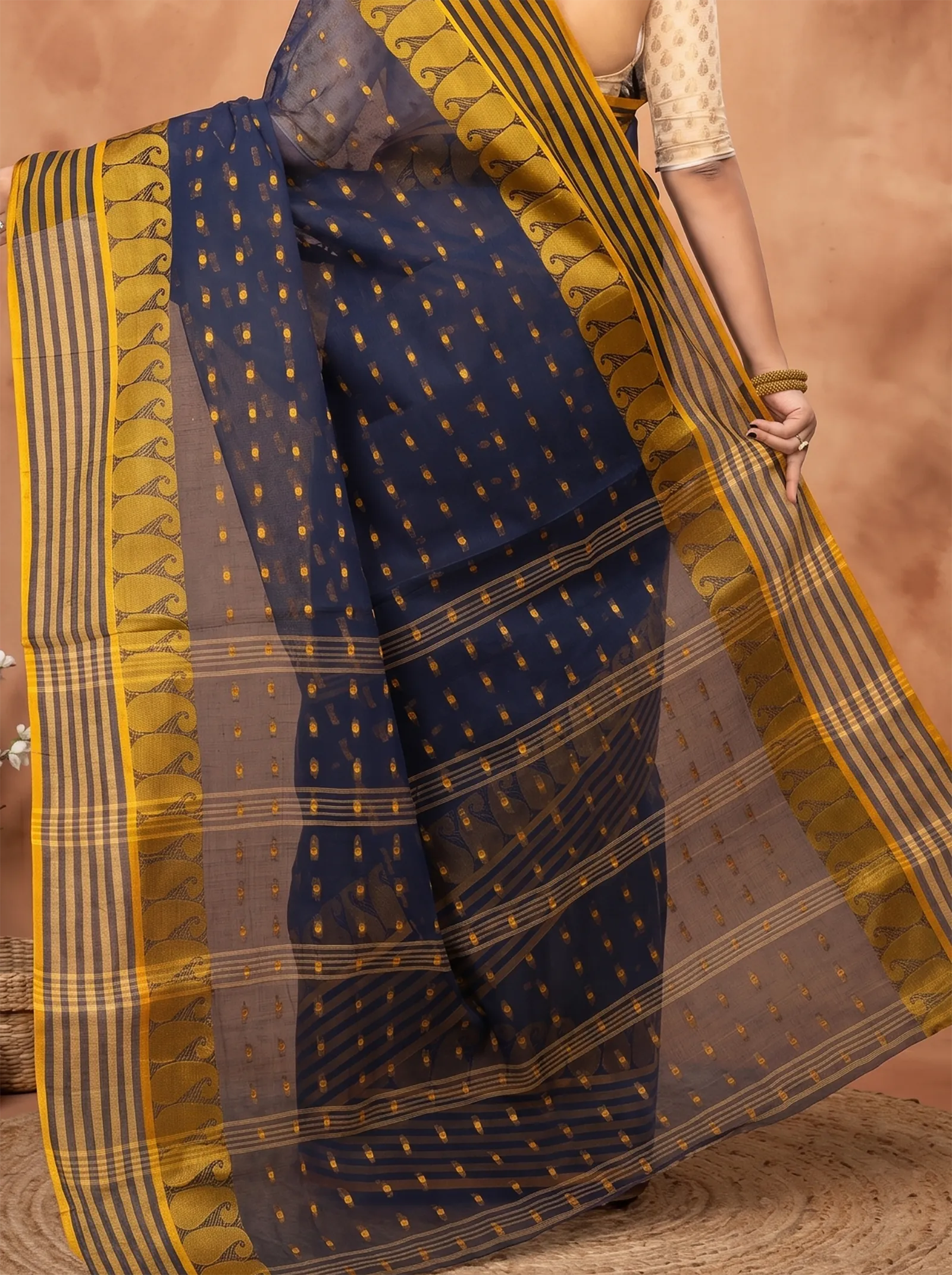 DipDiya Pure Cotton  Traditional Bengali Blue Artisan Crafted Moti Buti Tant Saree