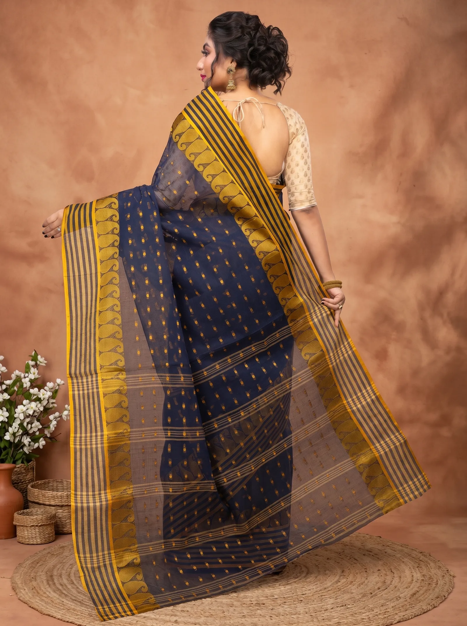 DipDiya Pure Cotton  Traditional Bengali Blue Artisan Crafted Moti Buti Tant Saree
