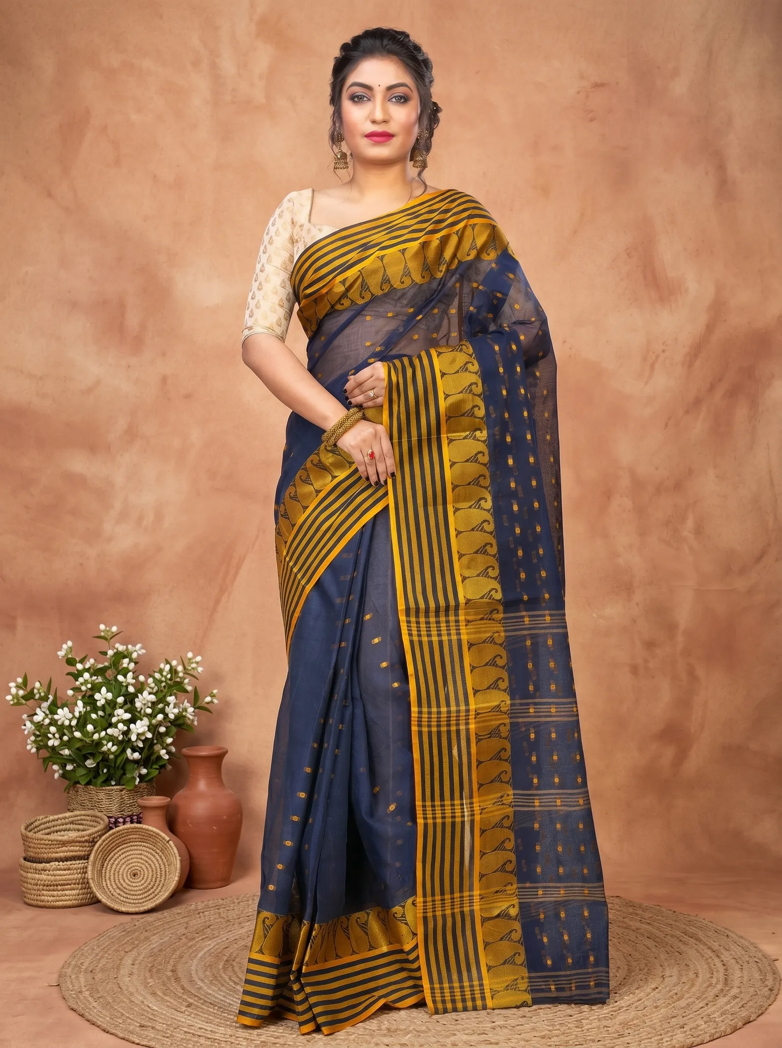 DipDiya Pure Cotton  Traditional Bengali Blue Artisan Crafted Moti Buti Tant Saree