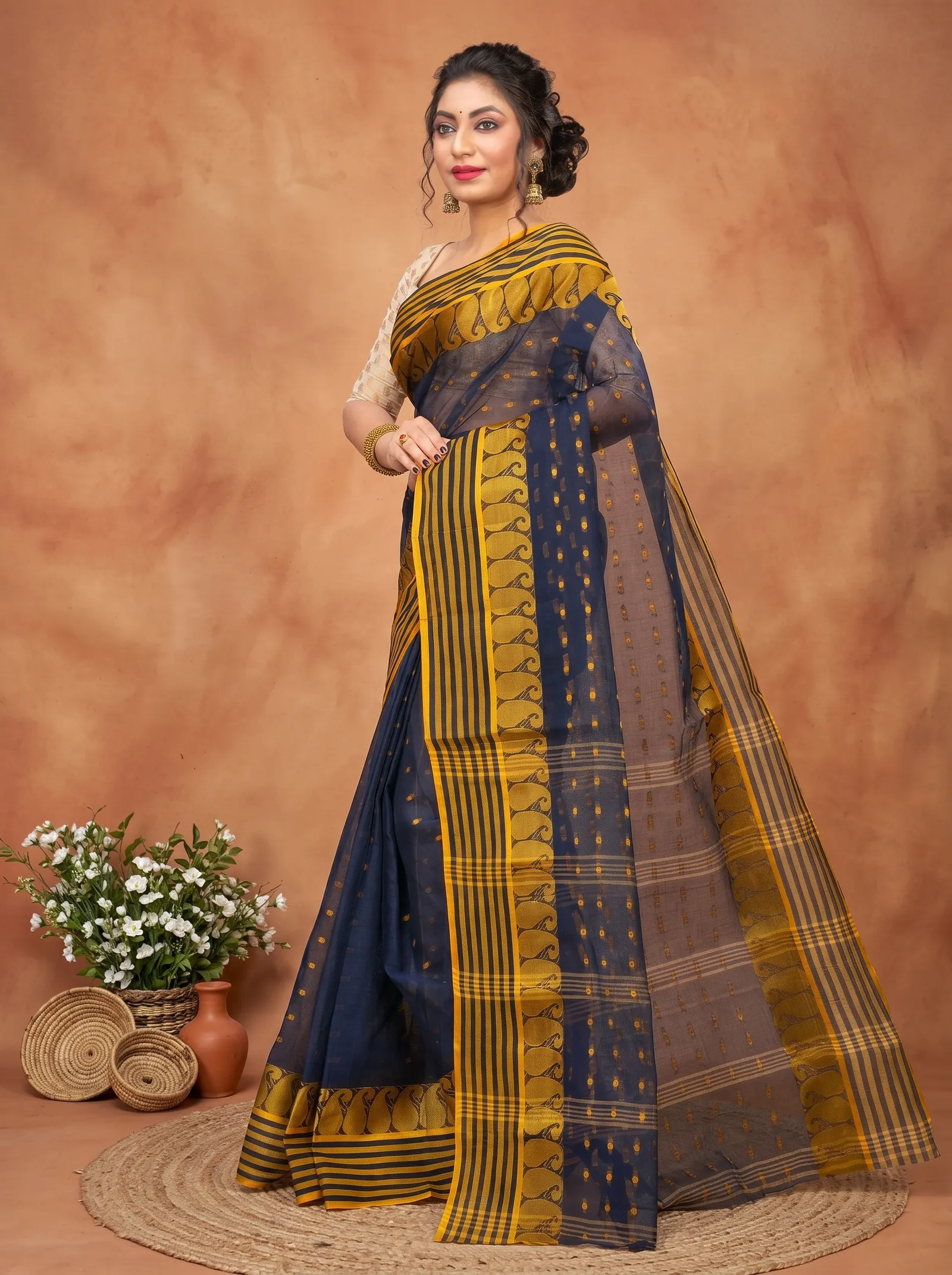 DipDiya Pure Cotton  Traditional Bengali Blue Artisan Crafted Moti Buti Tant Saree
