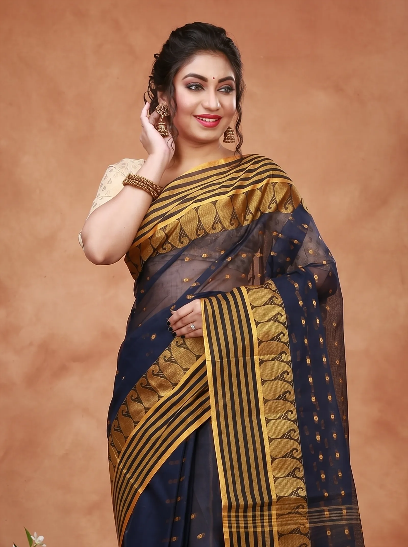 DipDiya Pure Cotton  Traditional Bengali Blue Artisan Crafted Moti Buti Tant Saree