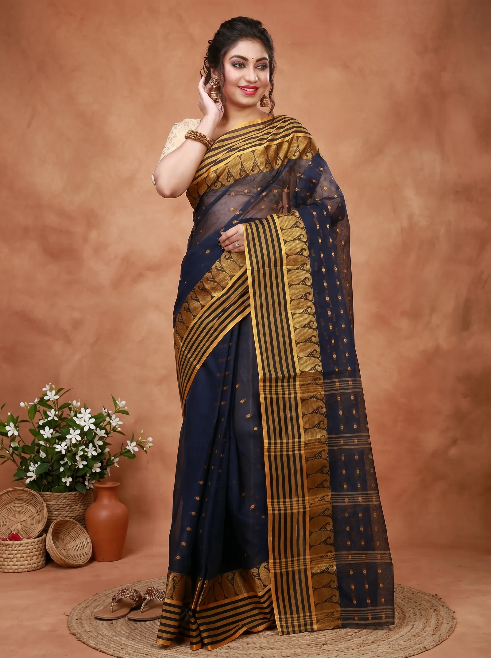 DipDiya Pure Cotton  Traditional Bengali Blue Artisan Crafted Moti Buti Tant Saree