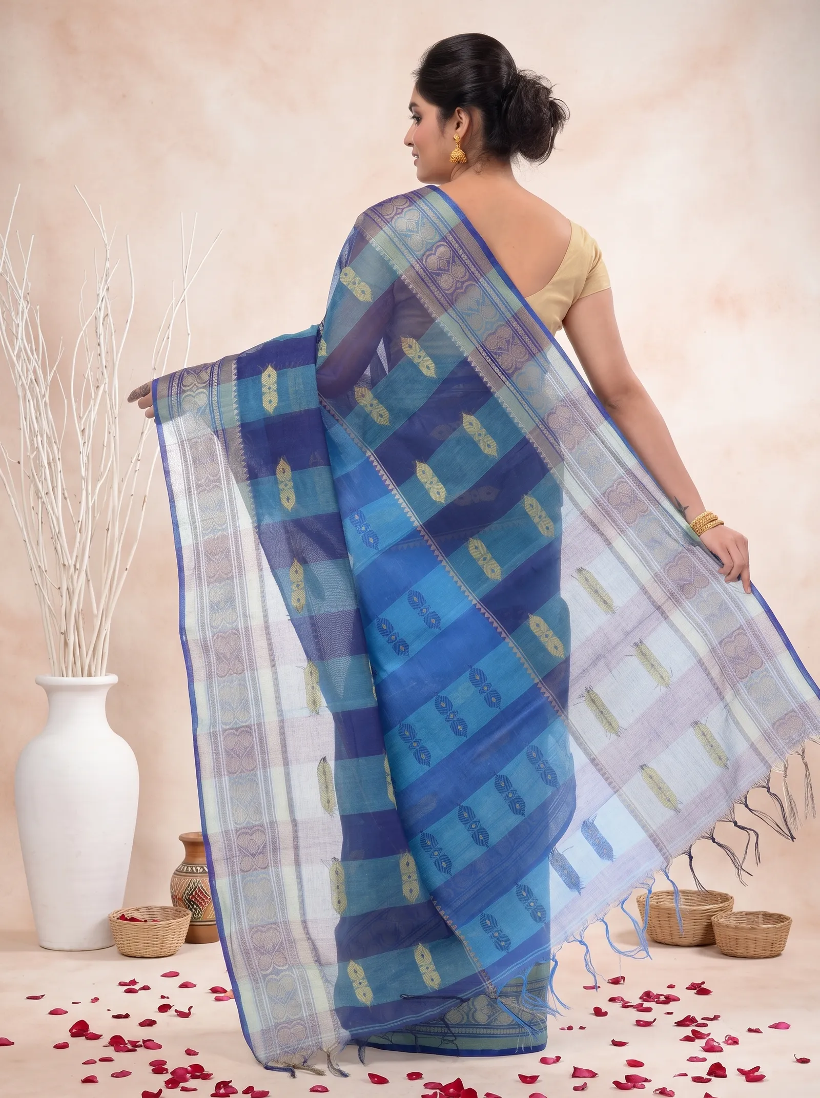DipDiya Pure Cotton  Traditional Bengali Blue Artisan Crafted Raj Nandi Tant Saree