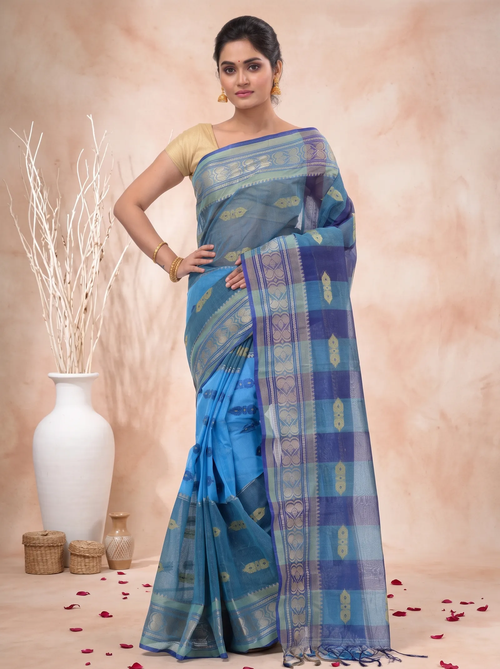 DipDiya Pure Cotton  Traditional Bengali Blue Artisan Crafted Raj Nandi Tant Saree