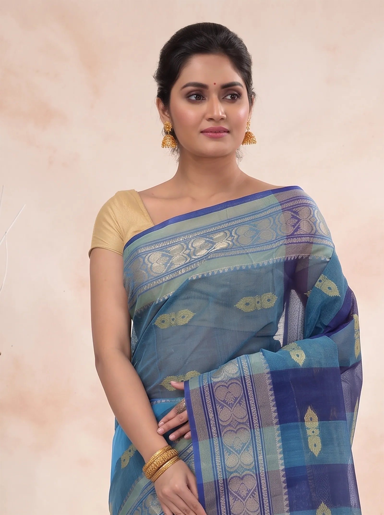 DipDiya Pure Cotton  Traditional Bengali Blue Artisan Crafted Raj Nandi Tant Saree